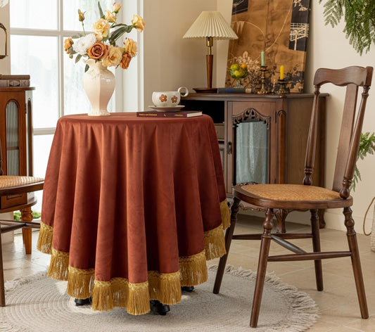 F-CHU Luxury Burnt Orange Tablecloth Thickset Velvet Tablecloth with Beautiful Gold Vintage Tassels Table Cloth for Home Decor Wedding, Party, Banquet and Events 60" Round