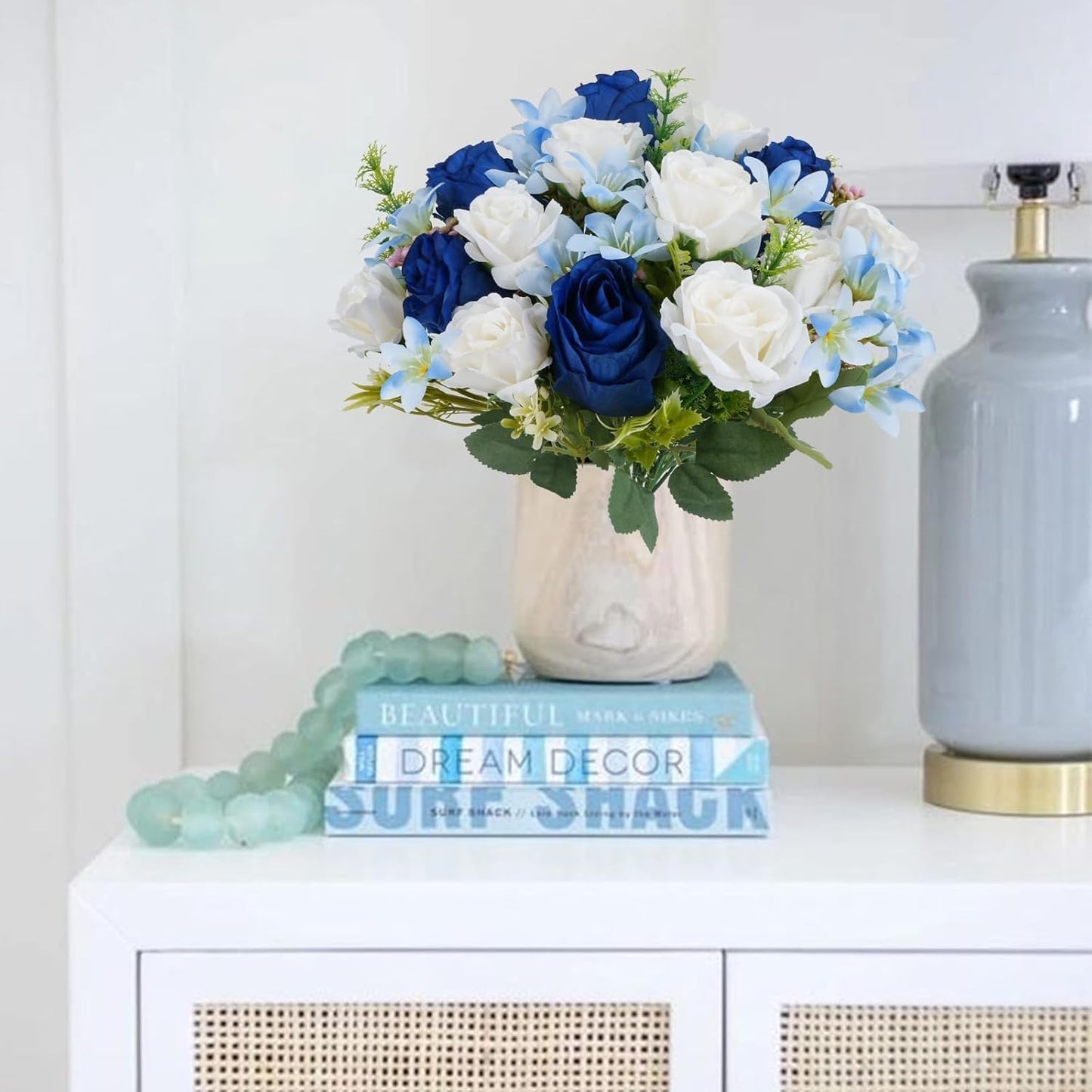 14" Fake Flower Bouquets Artificial Silk Rose Flowers Picks Decorations Faux White Blue Roses Floral Flower for Wedding Bride Spring Summer Table Centerpieces Home Kitchen Decor