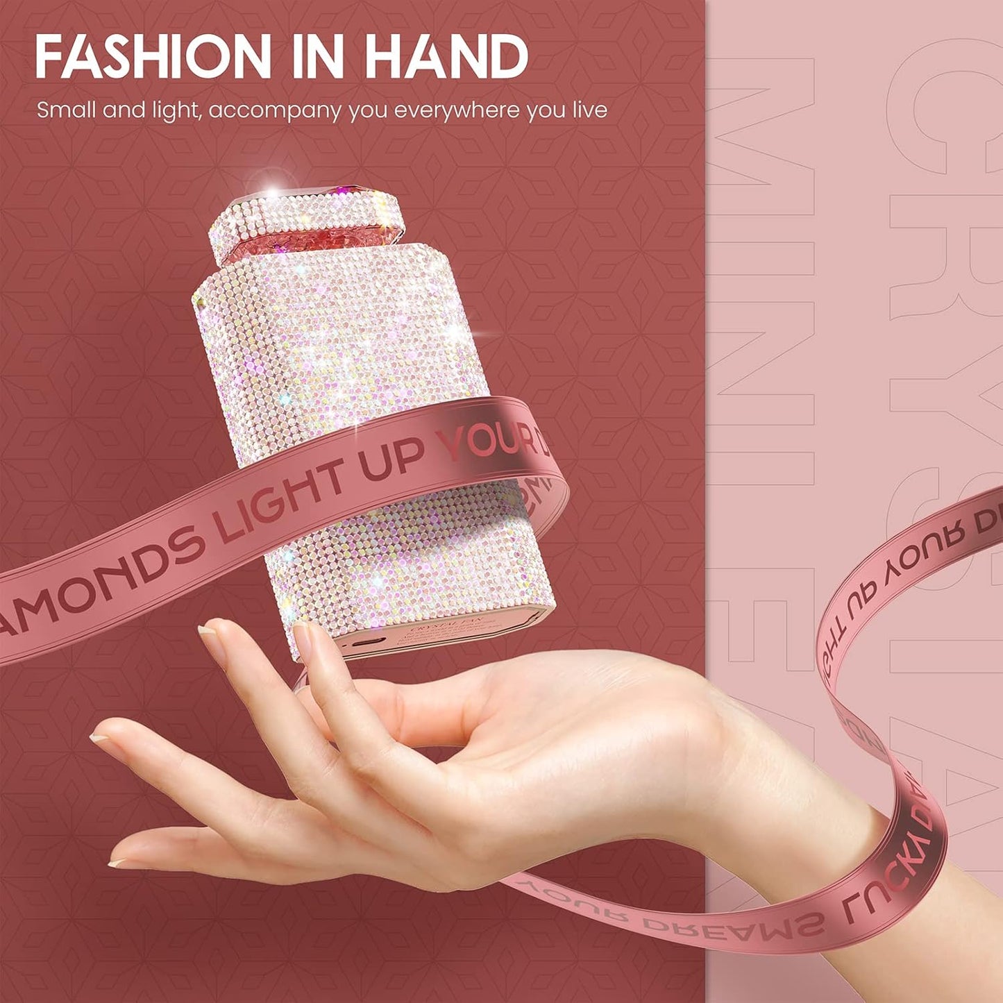 Bling Handheld Personal Fan, Rechargeable with 3 Speeds, Crystal Pull-out Portable Cooling Fan for Girls, Women - Pink Rhinestones