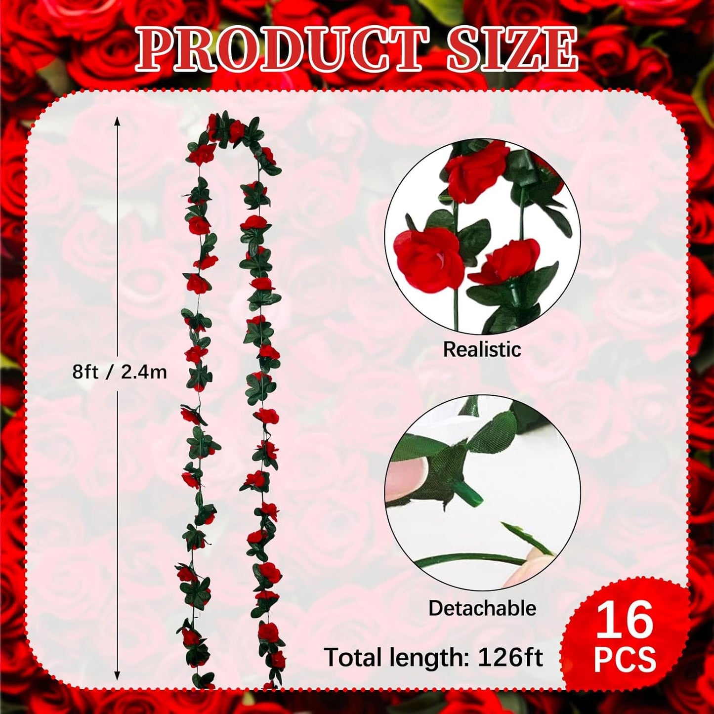 16Pcs 126Ft Red Rose Garland, Fake Rose Hanging Flowers, Artificial Flower Vine, Hanging Floral Vine Garland for Wedding, Birthday Party, Wall Arch, Halloween, Christmas Garden Backdrop Decor