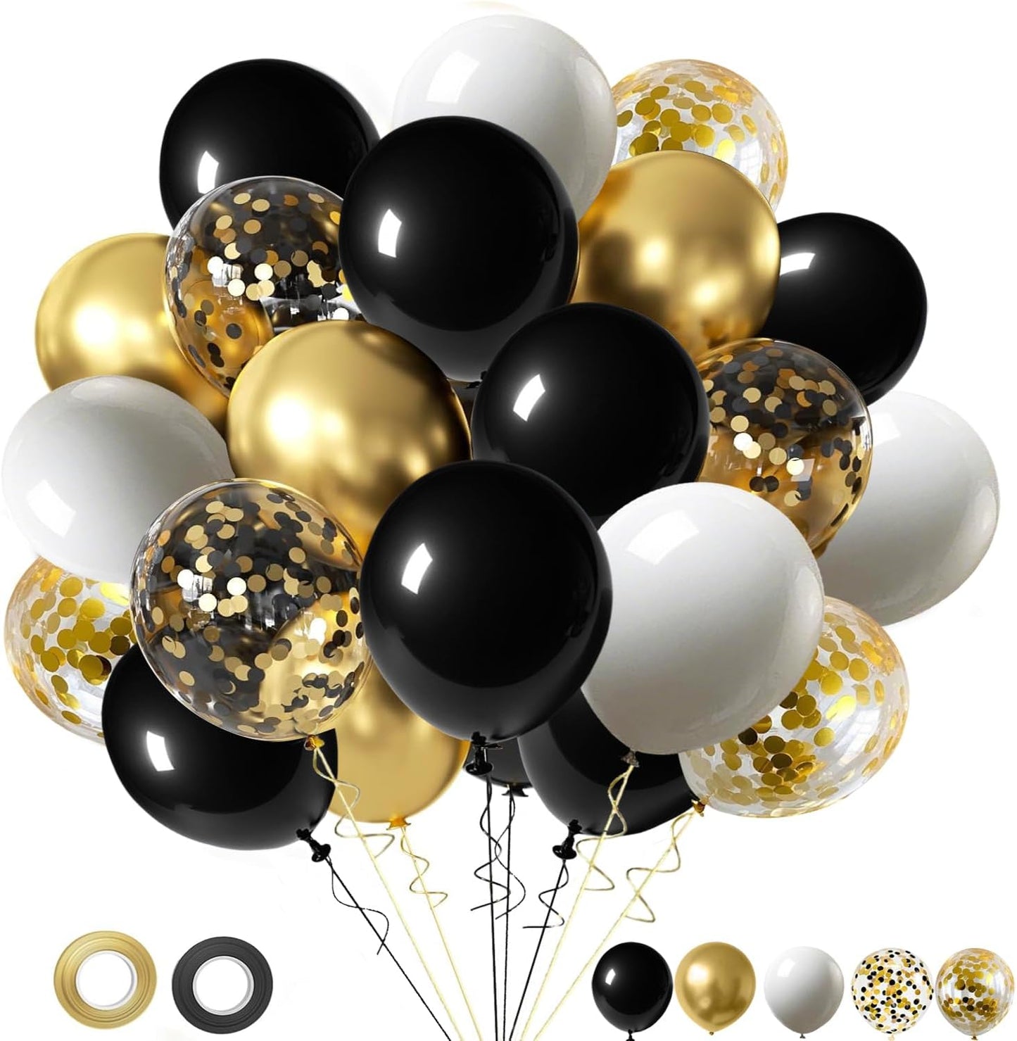 Black White Gold Balloons,65pcs 12 Inch Black Gold Confetti Balloons for Graduation New Year Wedding Birthday Party Decorations