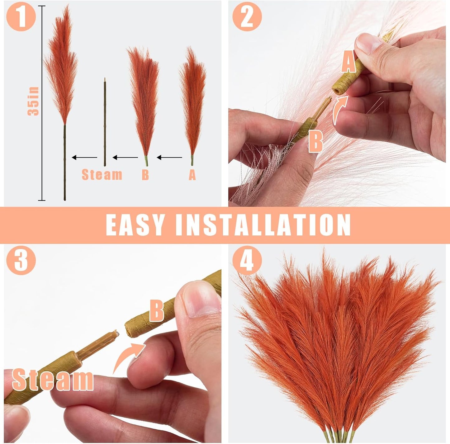 8pcs Orange Pampas Grass Tall, 35" Fluffy Faux Colored Pompas Grass Artificial Orange Pampas Stems Vase Filler Fall Flower Arrangement for Home Wedding Centerpieces Autumn Bohe Decor