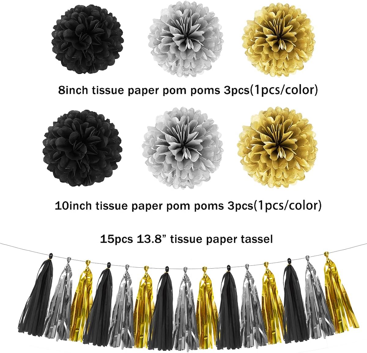 Silver Black Gold Party Decorations - 23pcs Tissue Paper Flowers Pom Poms Tassel Garland Pennant Banner Flags Streamers Birthday New Years Eve Retirement Graduation Classroom Hanging Decor Supplies