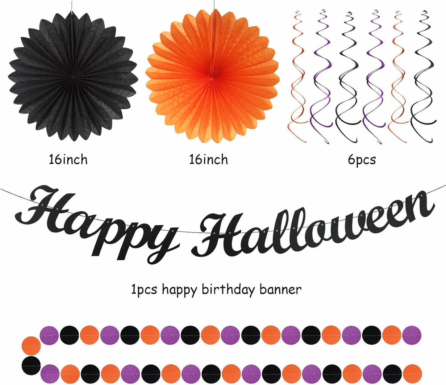 Black-Purple Orange Happy-Halloween Party-Decorations - 21pcs Birthday Banner,Paper Lanterns Honeycomb,Tissue Pom Poms Flower Fan,Kids Classroom Hanging Streamers Garland Decor Supplies Huglony