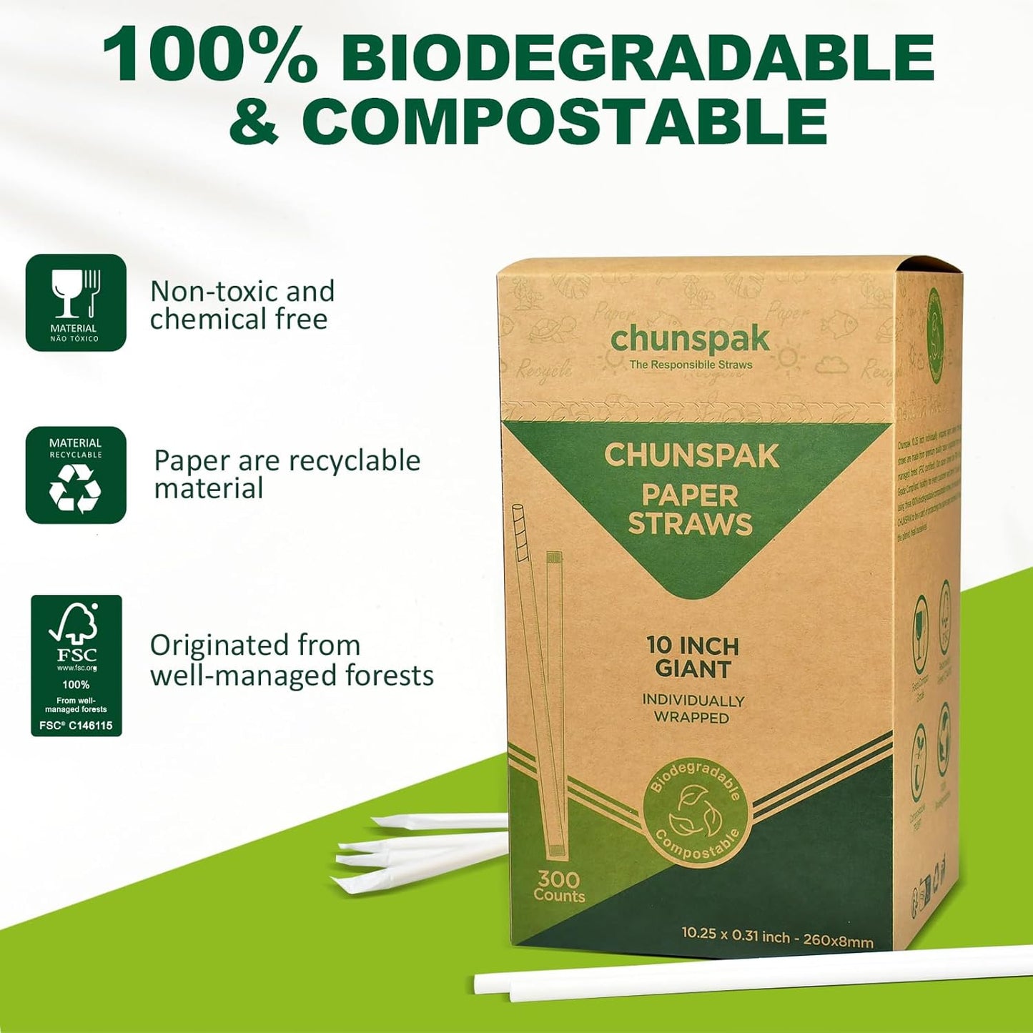 10.25" Disposable Paper Drinking Straws Individually Wrapped, 0.31" Dia. - 4 PLY Thick Heavy Duty Paper - White, 300 ct. (Restaurant Quality)