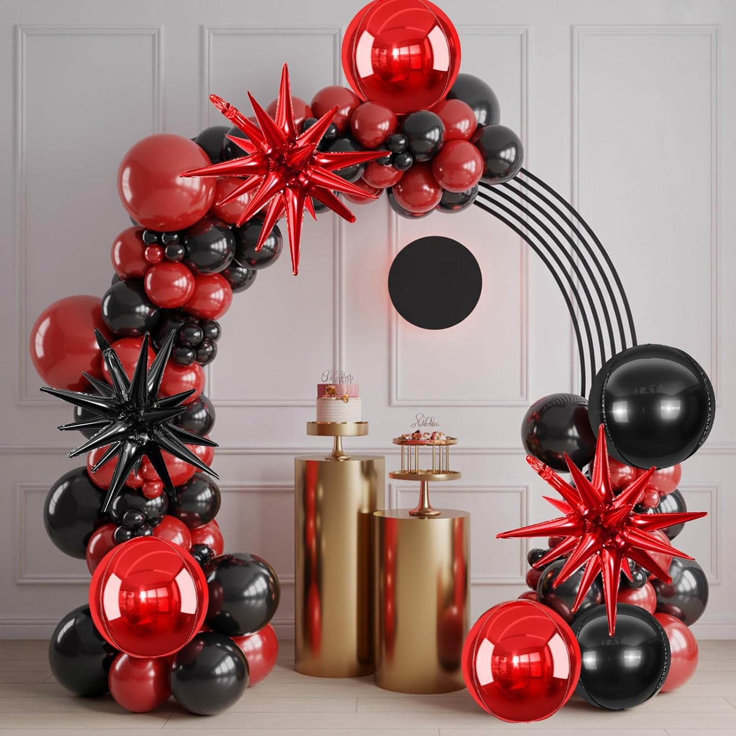 6Pcs Black Red Foil Balloons,22Inch Black Red 4D Round Ball Balloon and Explosion Star Balloon for Birthday Wedding Baby Shower Anniversary Party Decorations