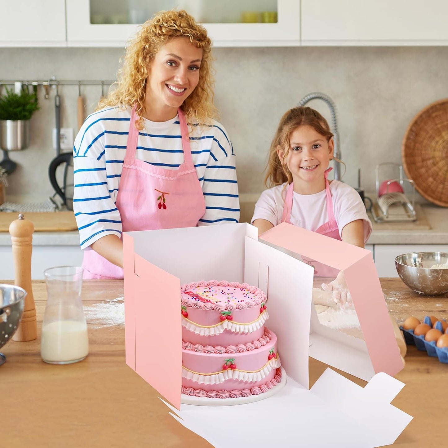 12Pcs Cake Boxes, 12x12x12 Inches Tall Cake Boxes with Window, Pink Square Disposable Cake Carrier Container for Multi-Layer Cakes Birthday Party Wedding Bakery Boxes