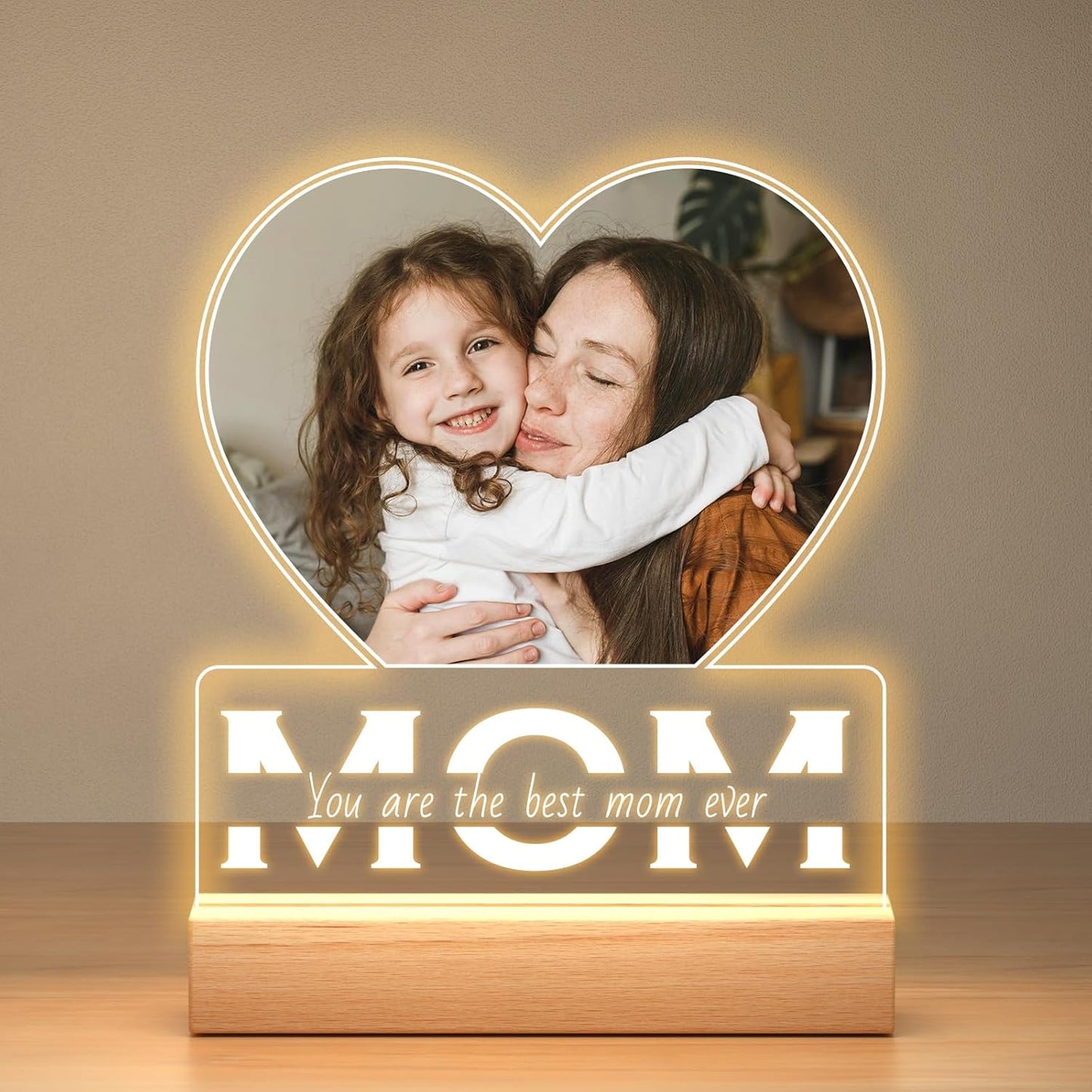 Personalized Birthday Gifts for Mom from Daughter and Son, Custom Heart Picture Frames with Photo, Personalized Photo Frame with Night Light, Customized Mom Gifts for Baby Kids Family