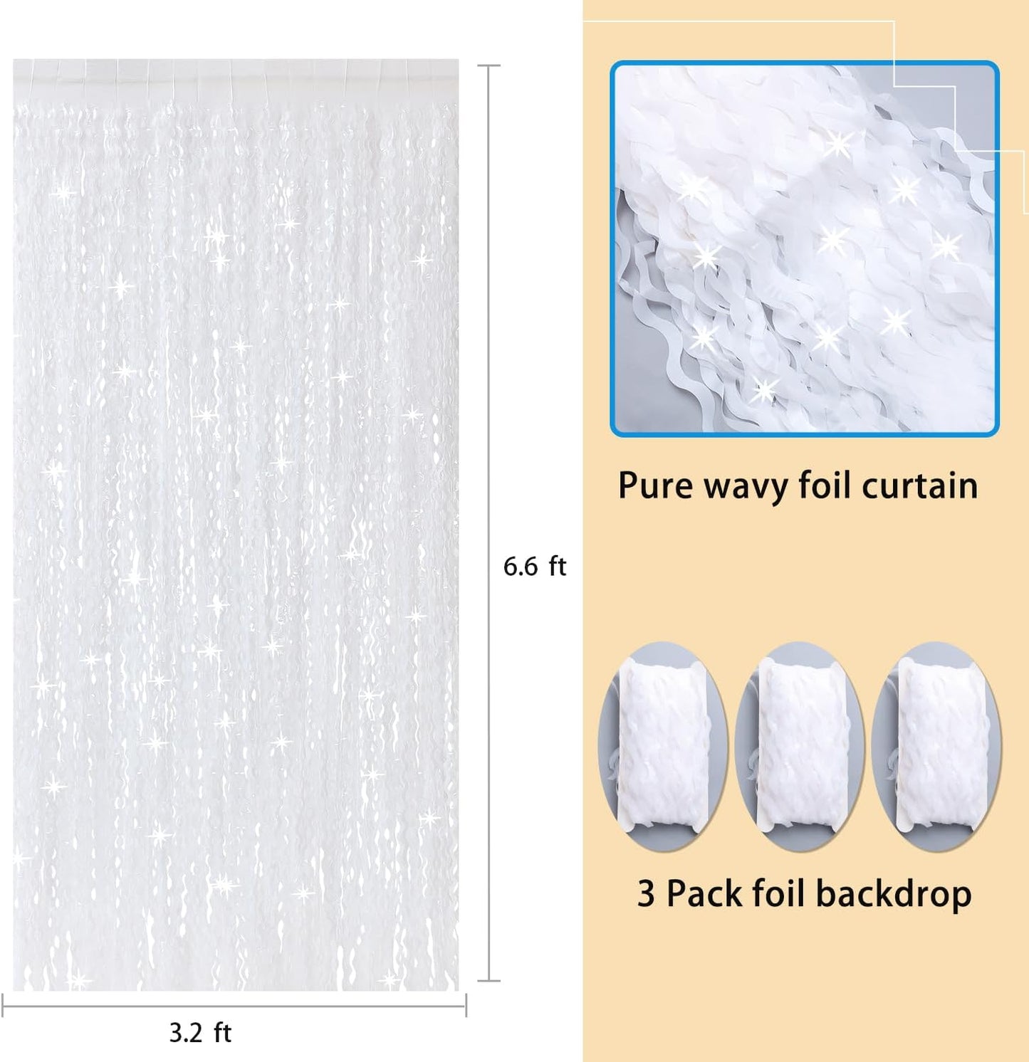 3Pcs Wavy White Metallic Tinsel Curtain Foil Fringe Backdrop,3.3 ft x 6.6 ft Streamer Photo Booth Props for Party Door Wall Curtains Bachelorette Birthday