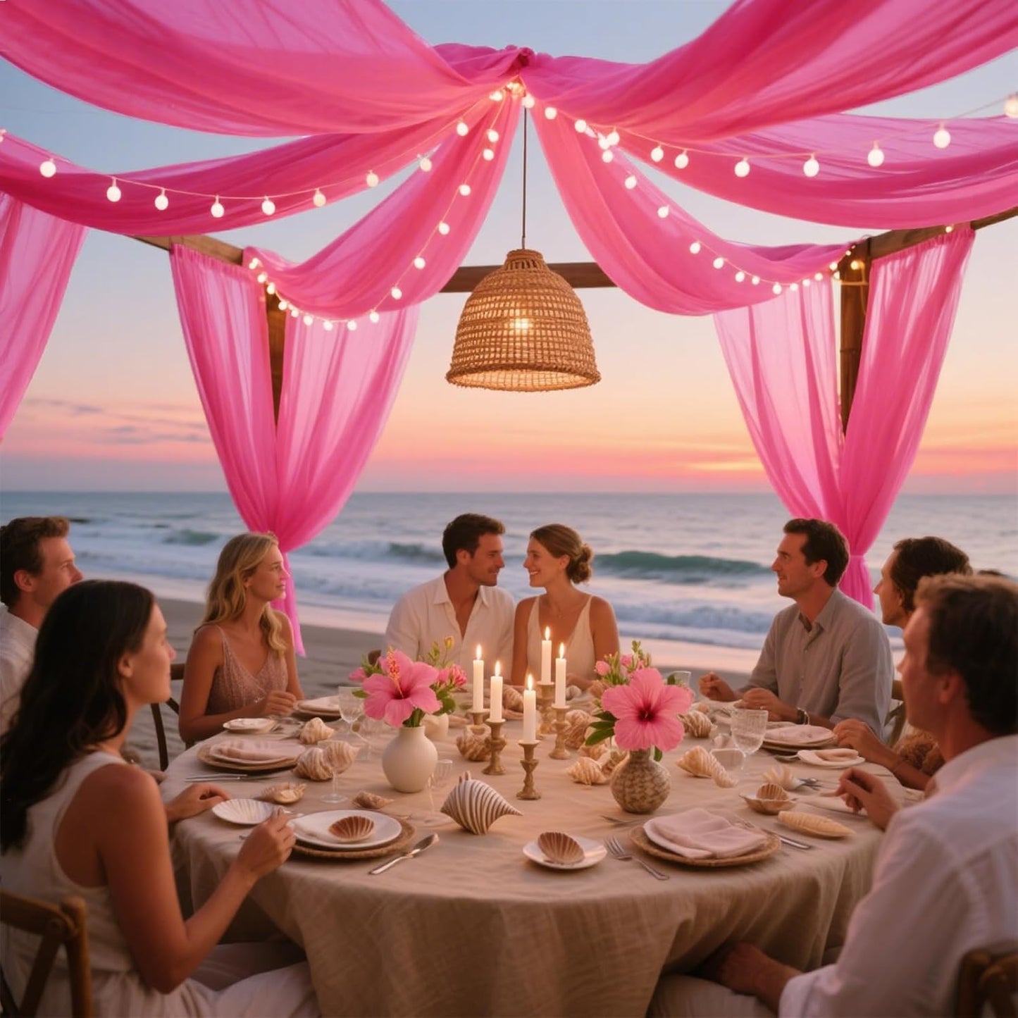 VOK Pink Wedding Arch Draping Fabric Chiffon Fabric, 29in x 18Ft 2 Panels Sheer Chiffon Outdoor Curtain for Wedding Ceremony Birthday Party Decoration (Fuchsia,2 Panel)