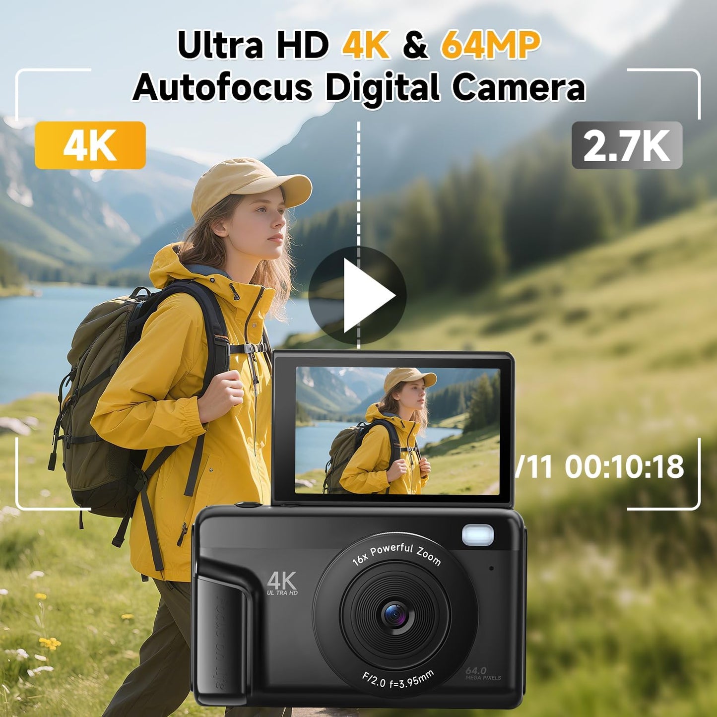 4K Digital Camera for Photography, Autofocus 64MP Vlogging Camera for YouTube with 3" 180° Flip Screen, 16X Zoom Compact Travel Point and Shoot Camera with Flash for Beginners, 64GB Card, Black