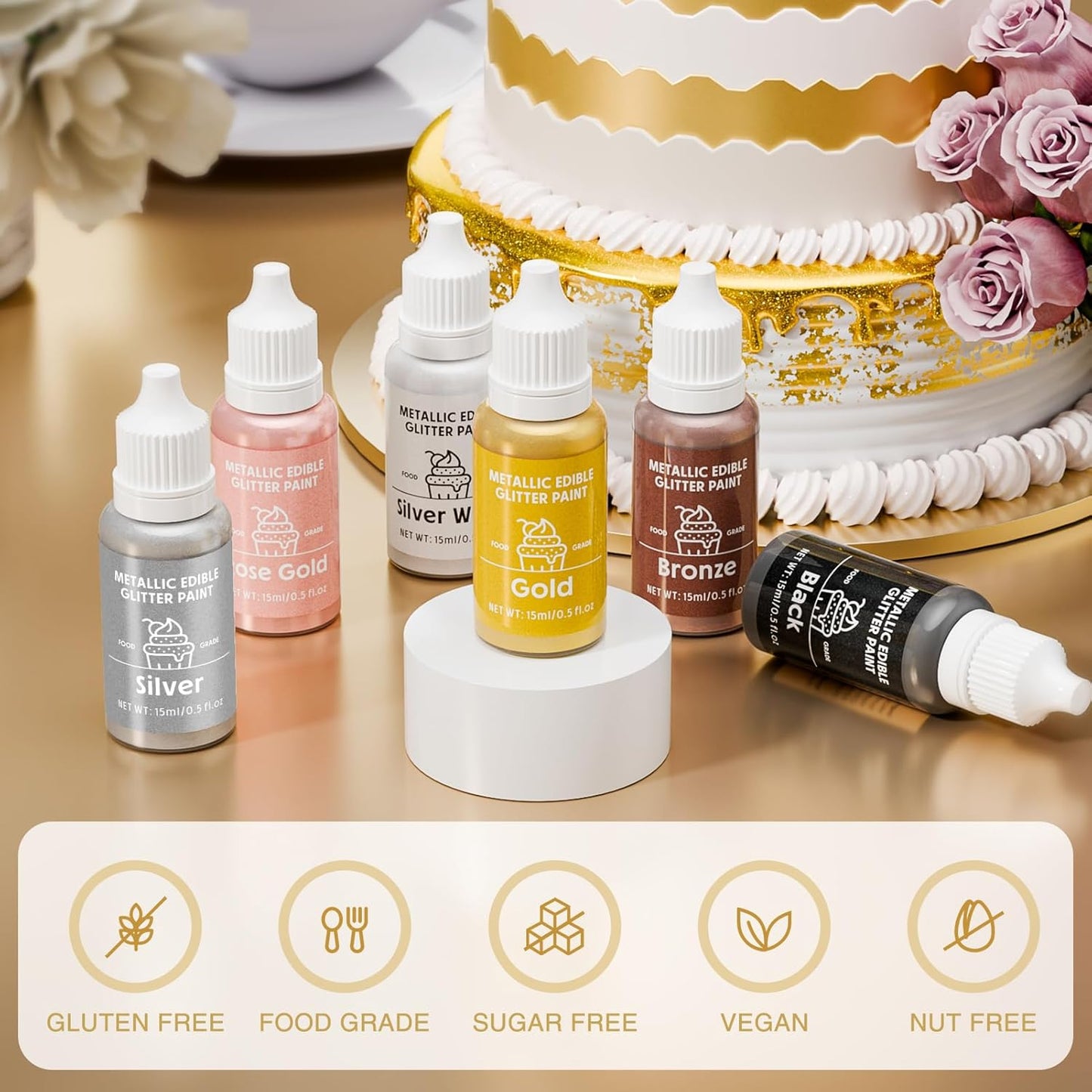 Edible Glitter Paint Set- 6 Color Food Coloring Metallic Glitter Paint for Baking, Cake Decorating - Food Grade Art Decorative Cake Paint for Cupcakes, Cookies, Fondant, Donuts, Macaron, Candy (metal, 6 color)