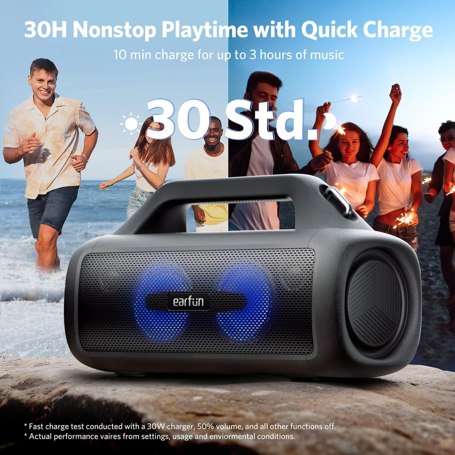 EarFun UBOOM X Portable Bluetooth Speaker, 80W Stereo with JumboBass, IP67 Waterproof Outdoor Speaker, RGB Light, 30H Playtime, Custom EQ, Bluetooth 5.3 Speakers for Outdoor, Camping, Beach