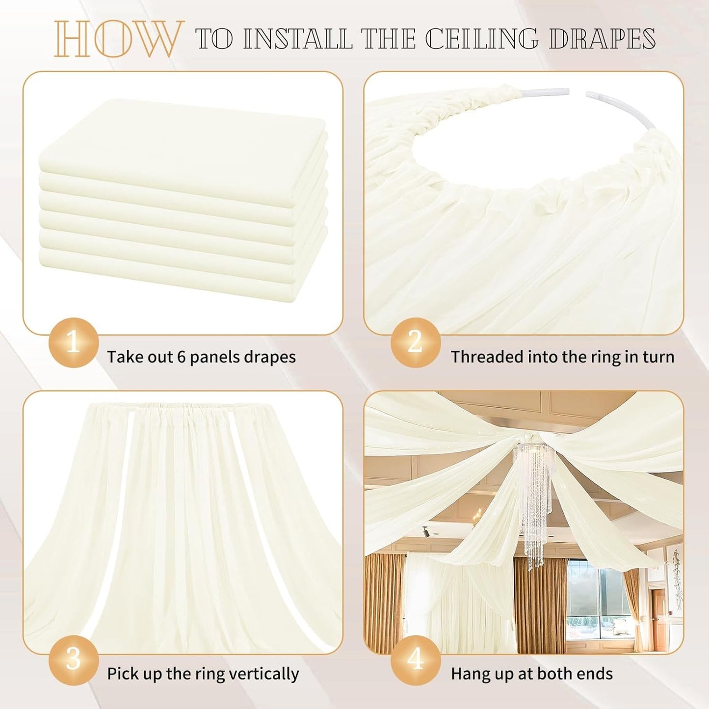 6 Panels Ivory Ceiling Drapes for Wedding 5ftx30ft Sheer Drapery Chiffon Fabric Arch Draping Curtains for Party Ceremony Birthday Baby Shower Reception Stage Ceiling Decorations