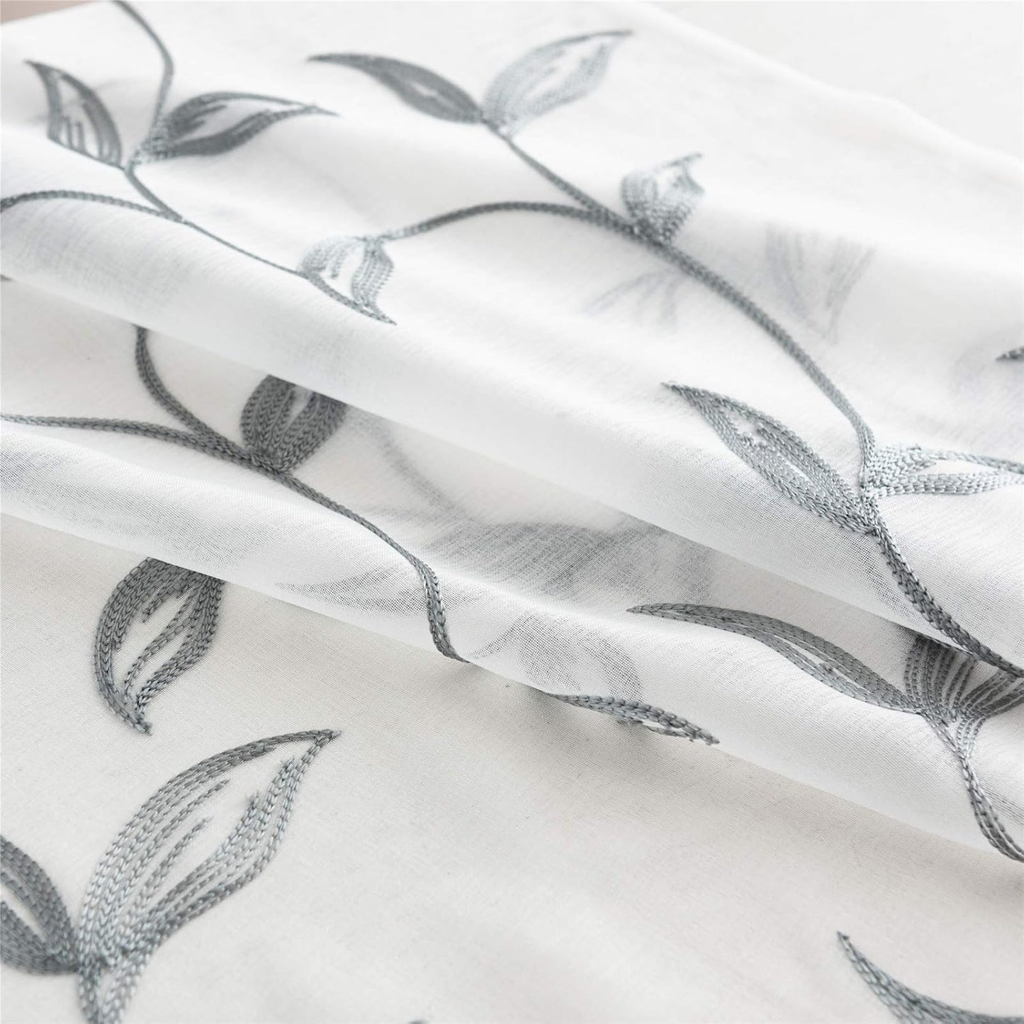 VISIONTEX Sheer Curtains 72 Inch Length 2 Panels, Decor Iron Grey Vine Leaves Embroidery on White Voile Pair, Accent Semi Window Drapes for Kitchen, Living Room and Bedroom, 54" W x 72" L