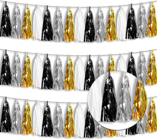 3P Metallic Fringe Tassel Banner Garland Foil Tinsel Streamer Wall Hanging Curtain Backdrop Banner for Parade Floats,Graduation Decorations, New Years Decorations,Father' Day(Black Gold Silver)