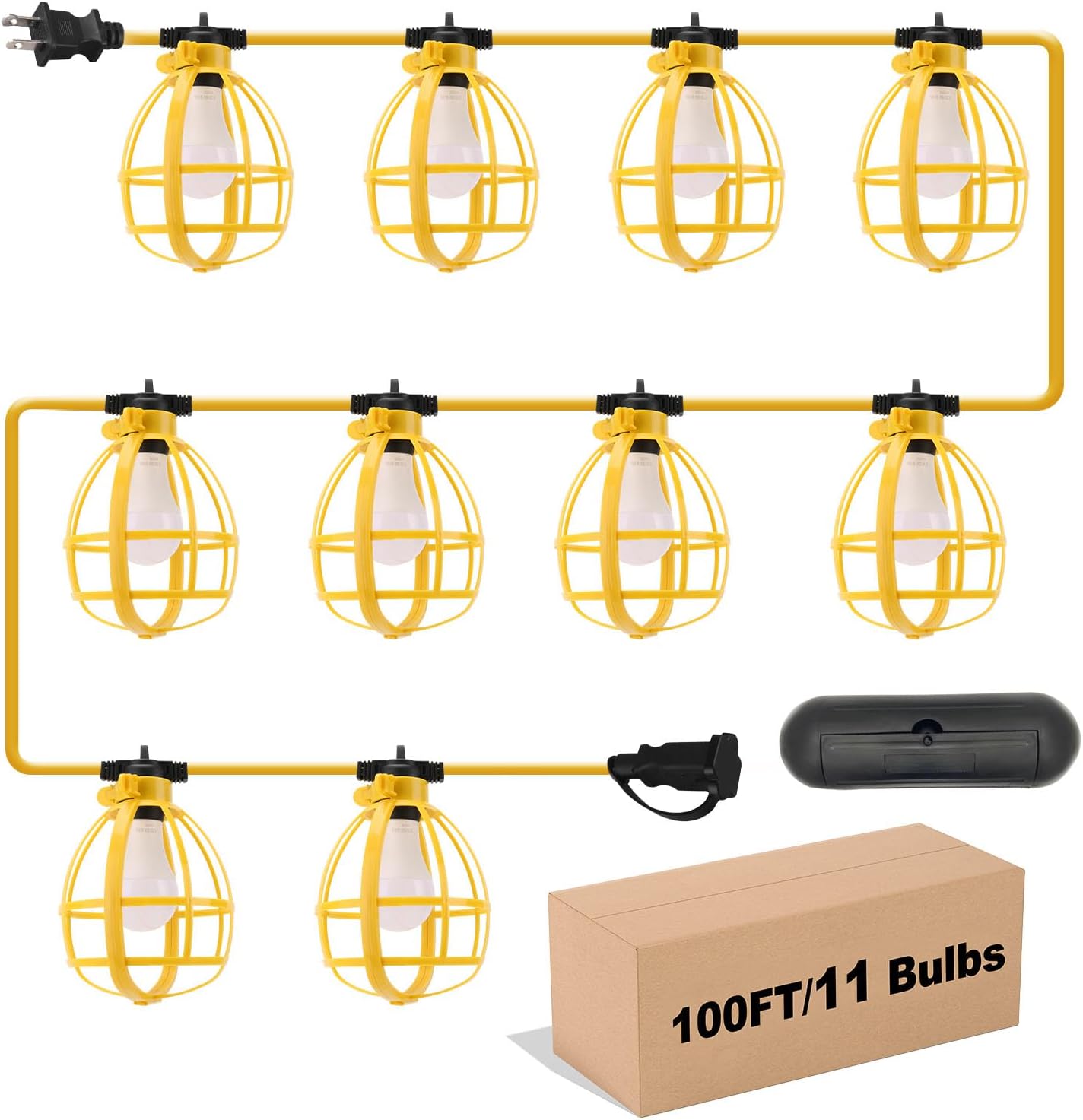 100FT Construction String Lights with Outdoor Extension Cord Safety Cover, 100W 11 Bulbs Work Lights, IP65 Waterproof, 8000LM 6500K Temporary Lighting for Workshop, Mine cave, Job Site