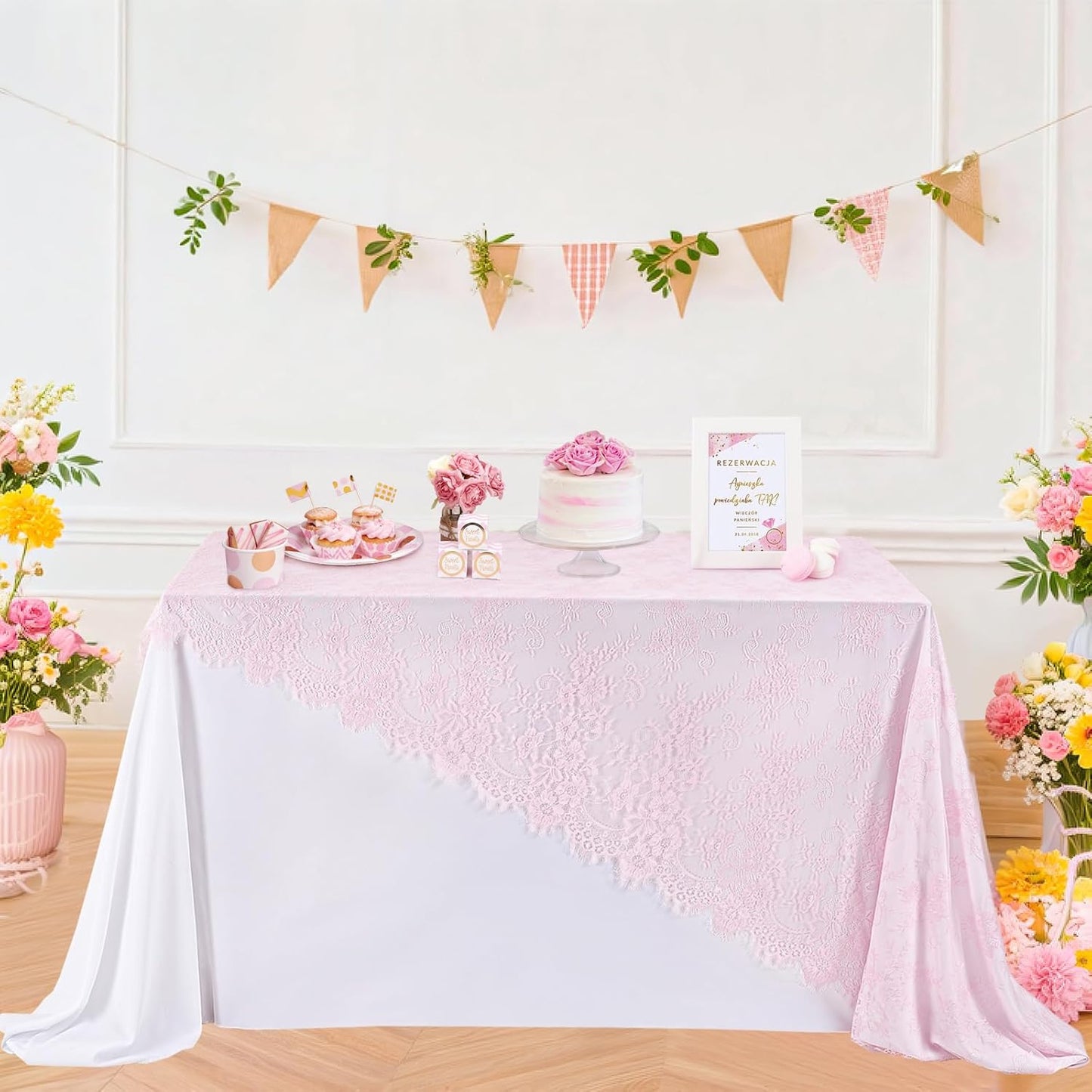 LuoluoHouse Pink Lace Table Cloth 60x120inch Tablecloth for Decorations Wedding Bridal Baby Shower Indoor Outdoor Event