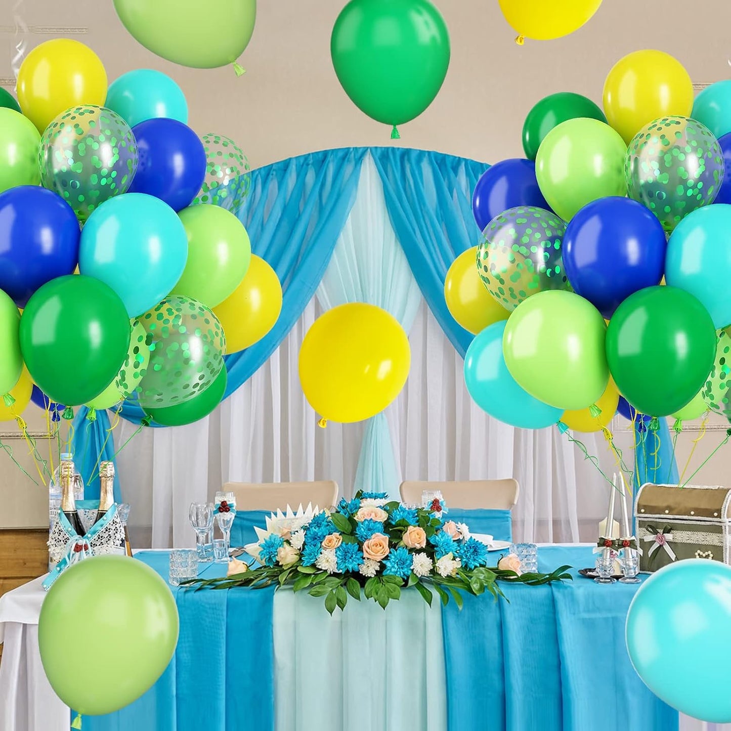 Paready Green and Blue Balloons, 60 Pcs 12 Inch Navy Teal Blue Dark Green Latex Balloons, Teal Yellow Light Green Confetti Balloon for Jungle Dinosaur Birthday Party Baby Shower Decorations