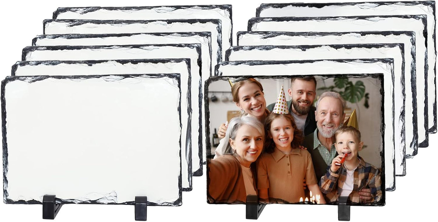 PYD Life 12 Pack Sublimation Photo Slates Rock Blanks 5.5 x 7.5 Inch Bulk Stone Frame White with Display Holder for Heat Transfer Printing