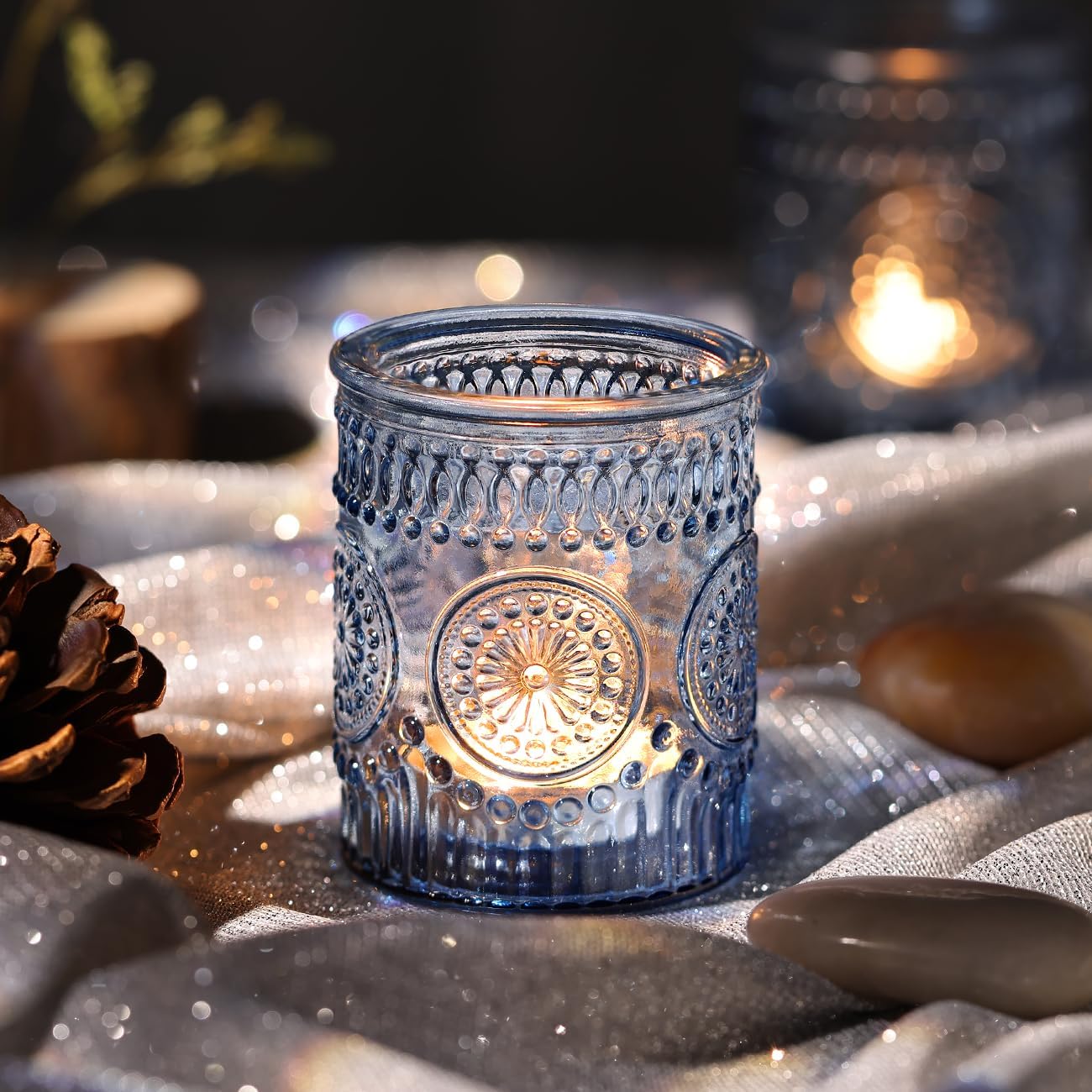 DARJEN Blue Votive Candle Holders Set of 36- Glass Candle Holders Bulk for Tea Light Candle, Embossed Candle Votives for Wedding Centerpiece, Living Room & Home Table Decor