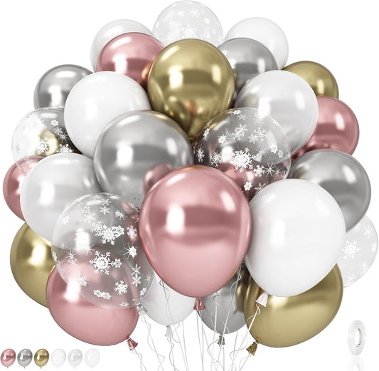 Pink White Winter Wonderland Snowflake Balloons Set, Metallic Light Pink Gold Silver White Snowflake Confetti Balloons for Girl Christmas Birthday Winter Onederland Baby Shower Xmas Party Decorations