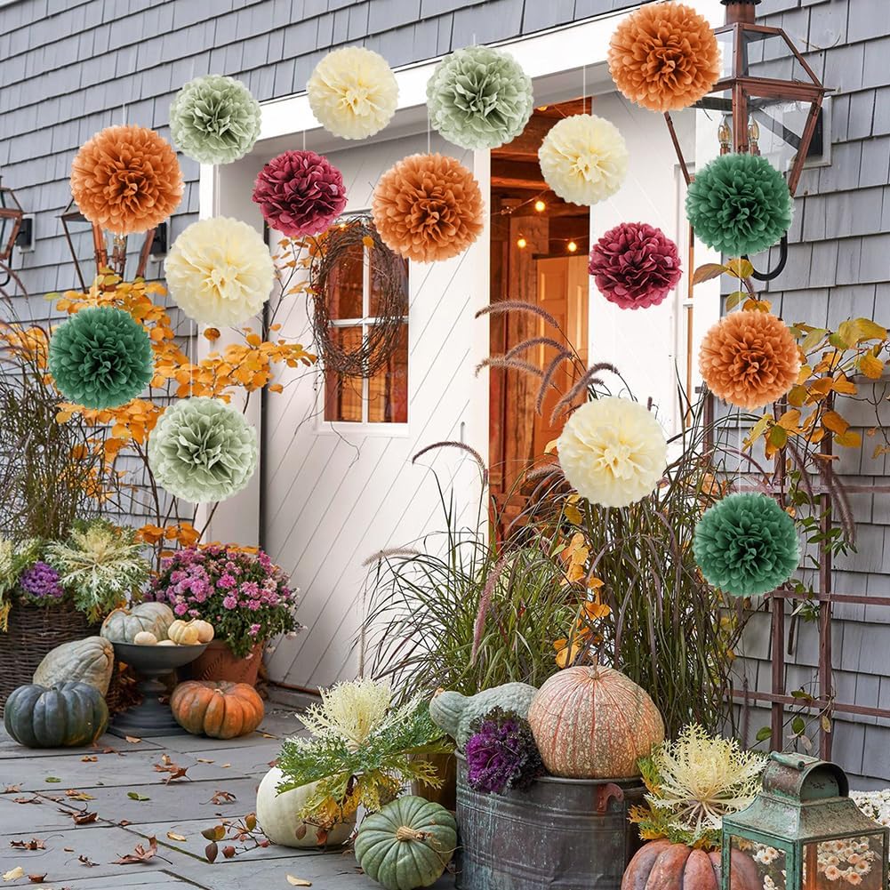Fall Party Decorations 16pcs Orange Green Tissue Pom Pom Decorations Burgundy Sage Green Fall Decorations for Autumn Bridal Shower Baby Shower Wedding Birthday Engagement Party Decorations