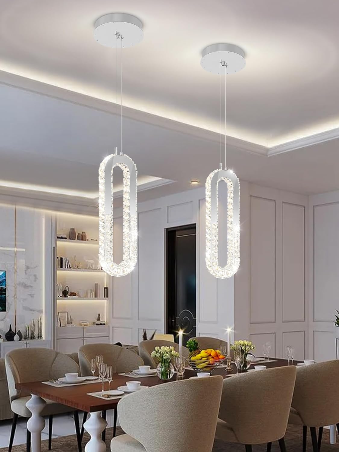 1-Ring Chandelier Silver Modern Pendant Lighting LED Dimmable Hanging Crystal Chandelier for Kitchen Island Foyer Lobby Living Room Staircaes