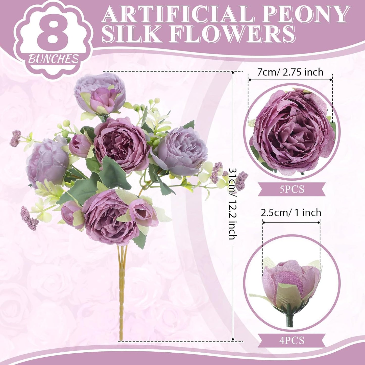 8 Bundles Artificial Peonies Flowers Boho Faux Flowers Arrangements Artificial Centerpiece Spring Bouquet Floral Wedding Decoration for Vase(Purple)