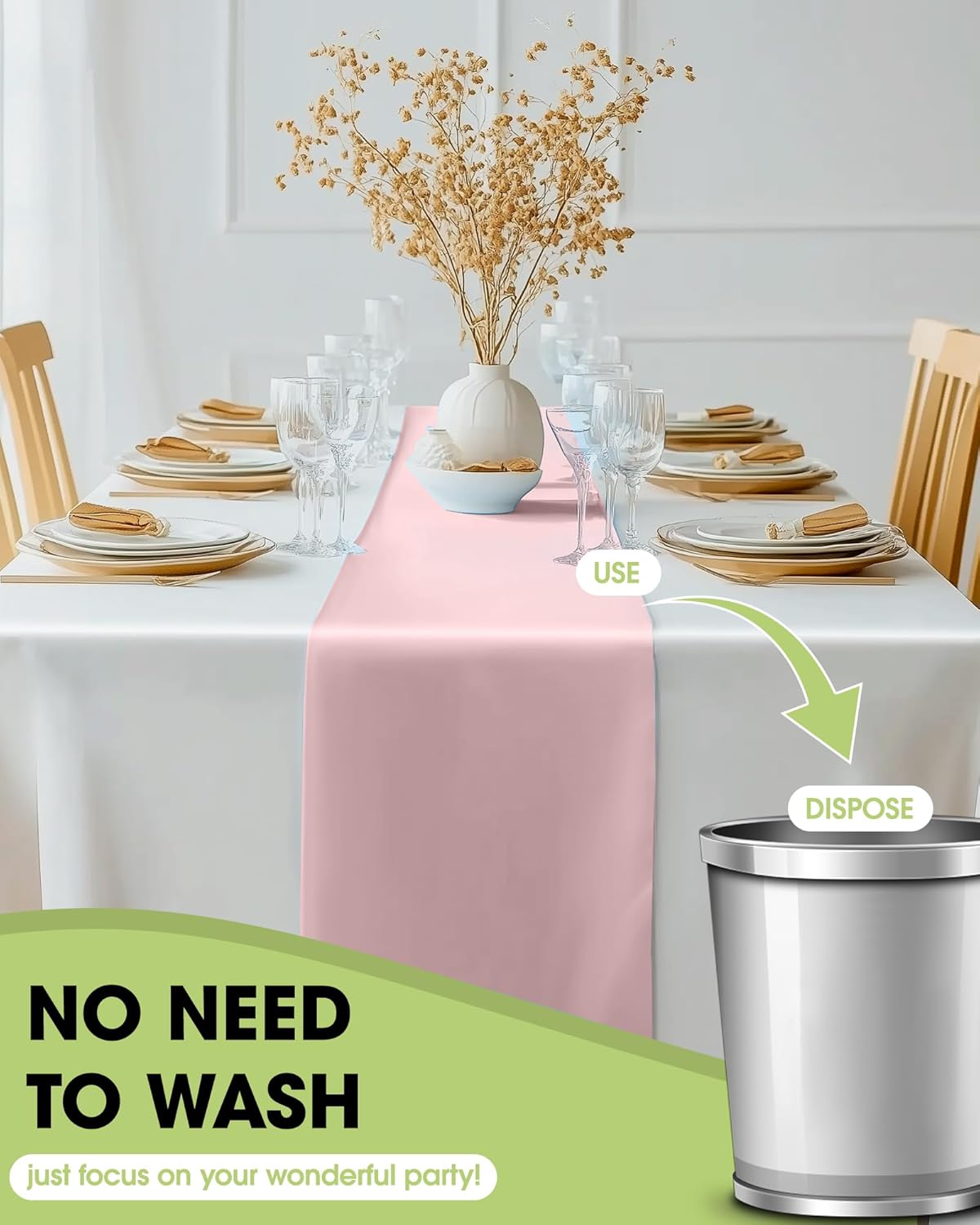 Pureegg Dusty Pink Plastic Table Runners - 10 Pack, 14'' x 108'', Water Resistant & Disposable Centerpiece Decorations for Table Cloth, Wedding, Birthday, Holiday, Baby Shower, Party, Home Decor