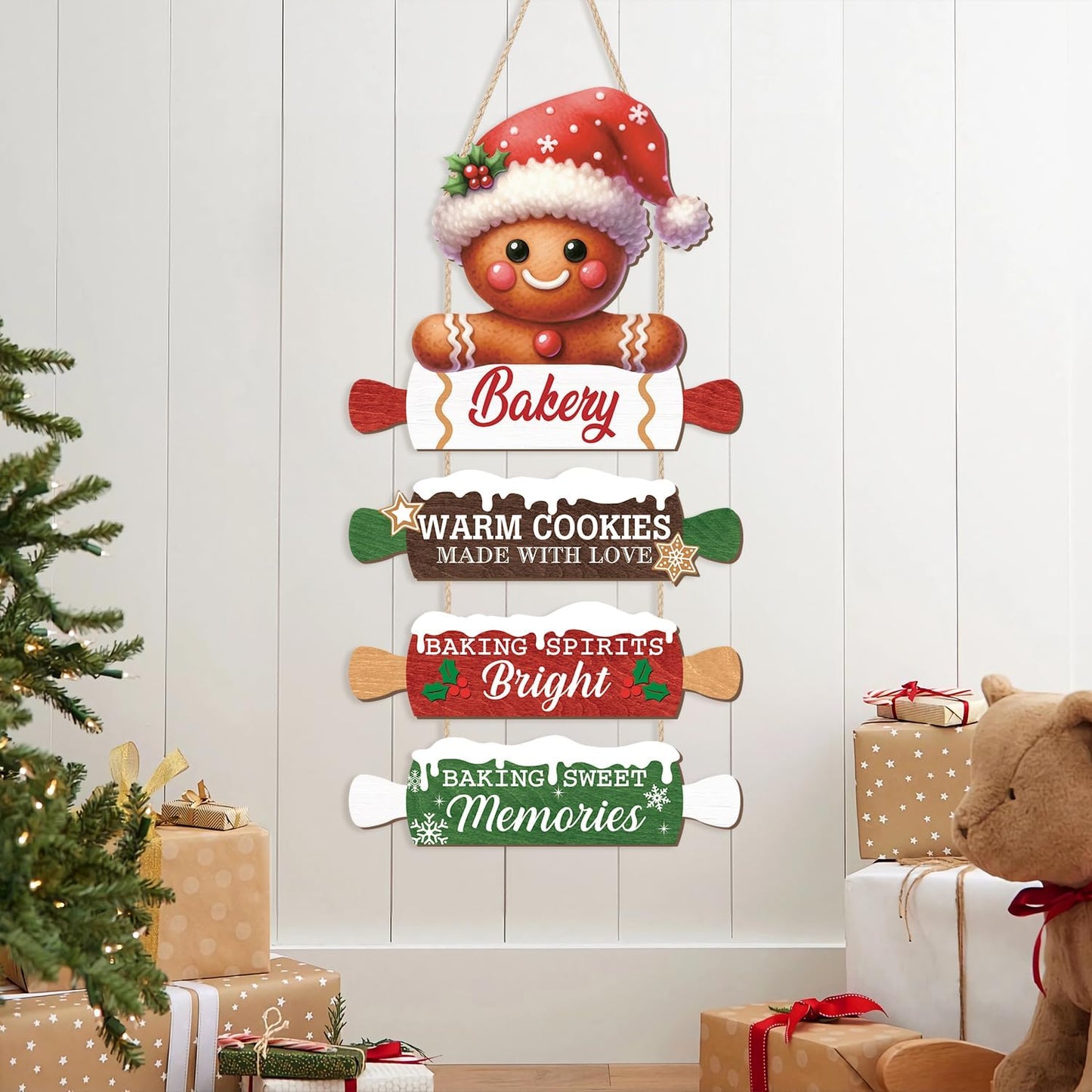 CHDITB Wooden Gingerbread Bakery Christmas Door Hanger, Rustic Christmas Wall Hanging Sign with Cookies Rolling Pin Warm Saying, Farmhouse Xmas Winter Holiday Decor for Indoor Outdoor