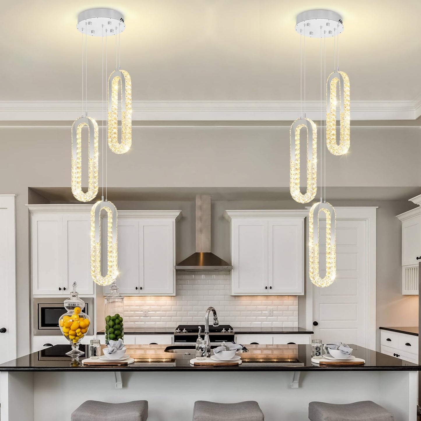 3-Light Modern Pendant Light for Kitchen Island Crystal Ring Chandelier Silver LED Pendant Lighting Fixture for Dining Room Kitchen Living Room Foyer Hallway Bedroom