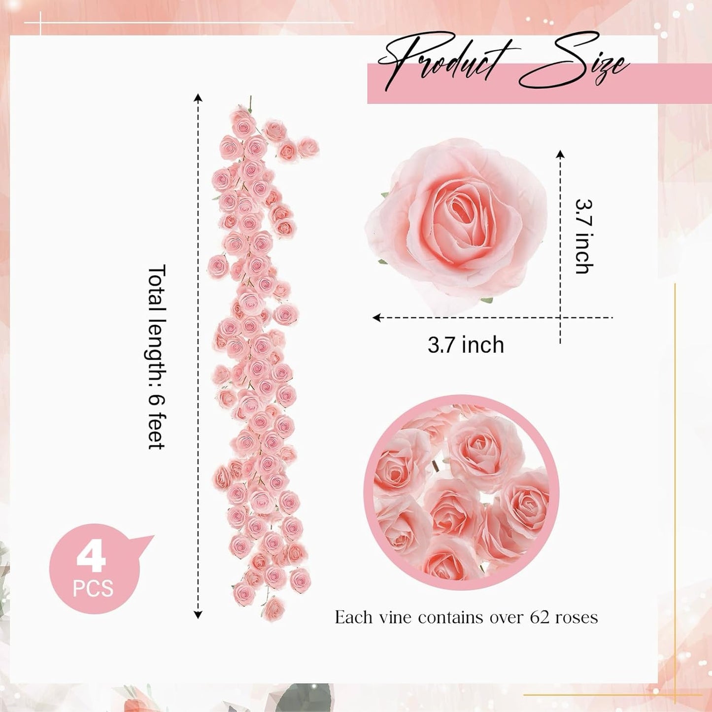 4 Pcs Pink Artificial Rose Vine Hanging Faux Flowers Garland for Wedding Anniversary Birthday Party Background Arch Garden Home Wall Room Decor