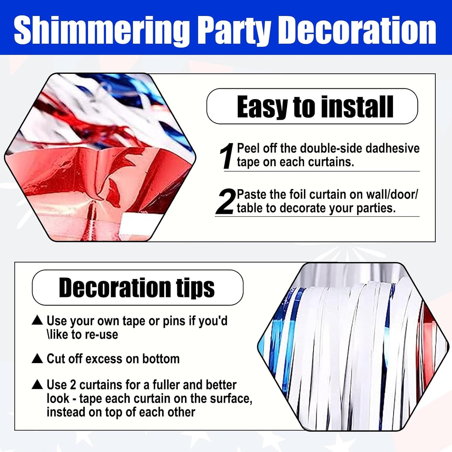 3 Pack White Blue Red Foil Fringe Curtain Backdrop, 3.28Ft x 8.2Ft Metallic Tinsel Foil Fringe Streamer Curtains for Photo Booth, Christmas Day, Thanksgiving, Wedding, New Year Party Decorations