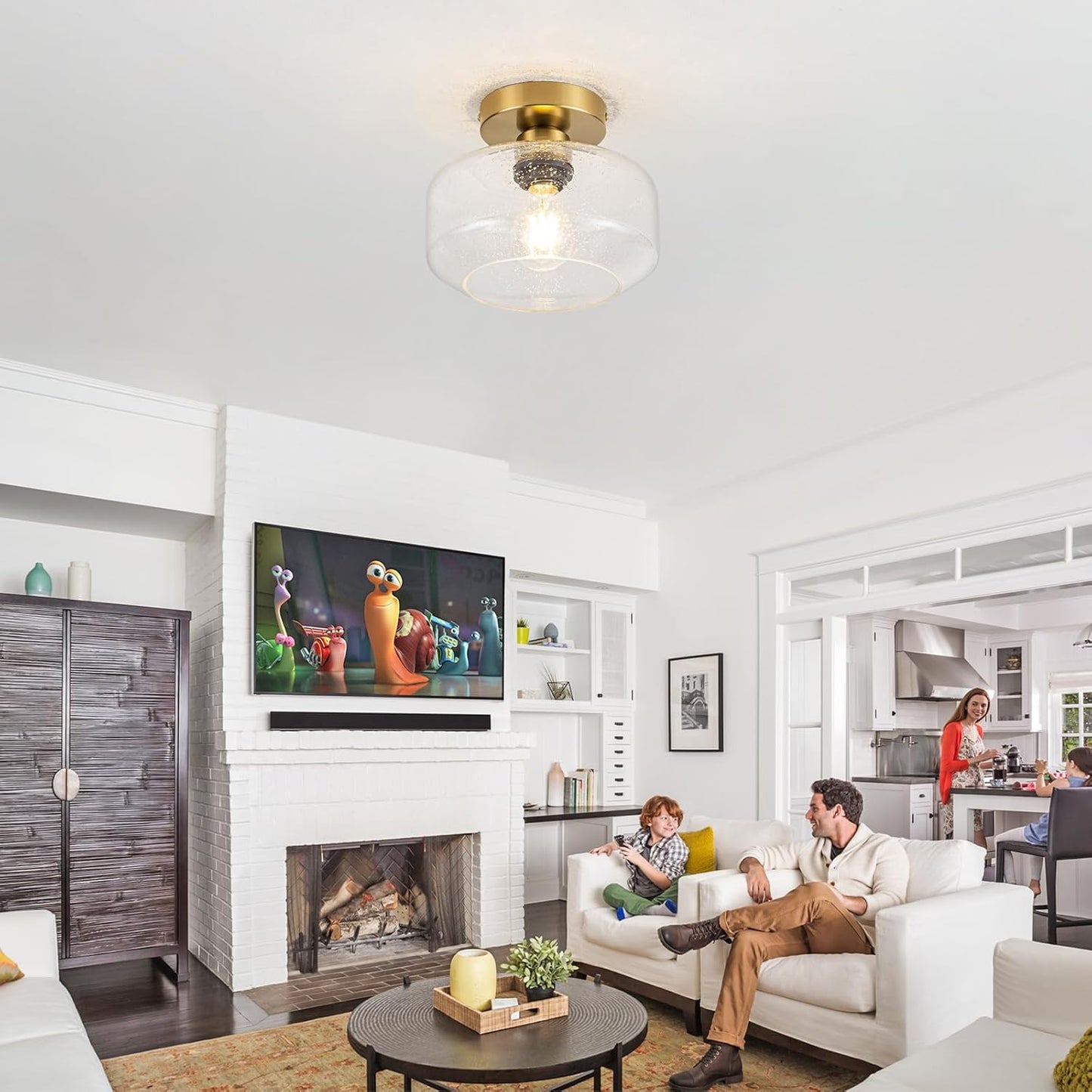 Simple & Elegant Semi Flush Mount Ceiling Light - Gold and Brass Fixture w/ 900LM LED Bulb for Kitchen, Bathroom, Hallway Lighting | Vintage Seeded Glass | Easy Install