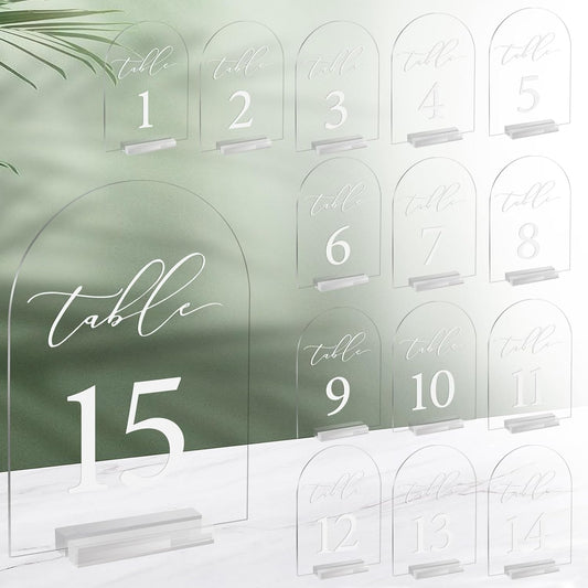 Arch Table Number 1-15 Clear Acrylic Tabletop Signs 5x7 Inch with Holder for Wedding Parties Anniversaries Reception Cafe Hotel Party Bar Business Event (1-15)