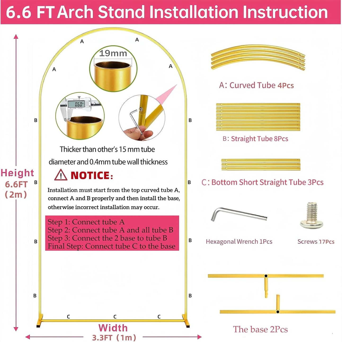 6.6FT Metal Wedding Arch Stand Gold Square Arched Backdrop Frame for Party Ceremony Birthday Bridal Baby Shower Garden Floral Balloon Arch Decoration