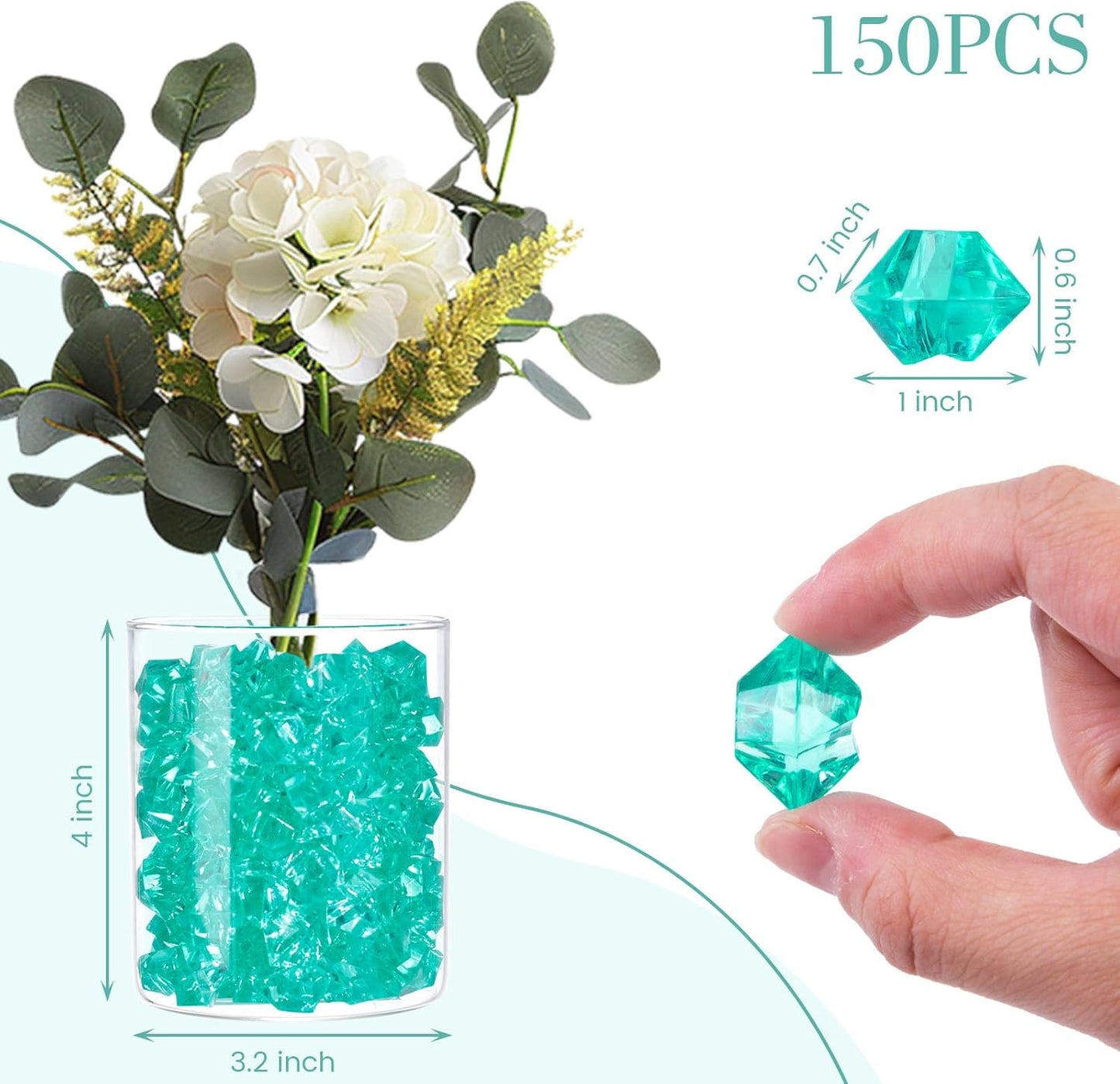 DomeStar Teal Fake Ice Rocks, 150PCS Acrylic Gems Crystals Plastic Shamrock Diamonds Centerpiece for Vase Fillers DIY Craft Wedding Party Table Scatter Decorations