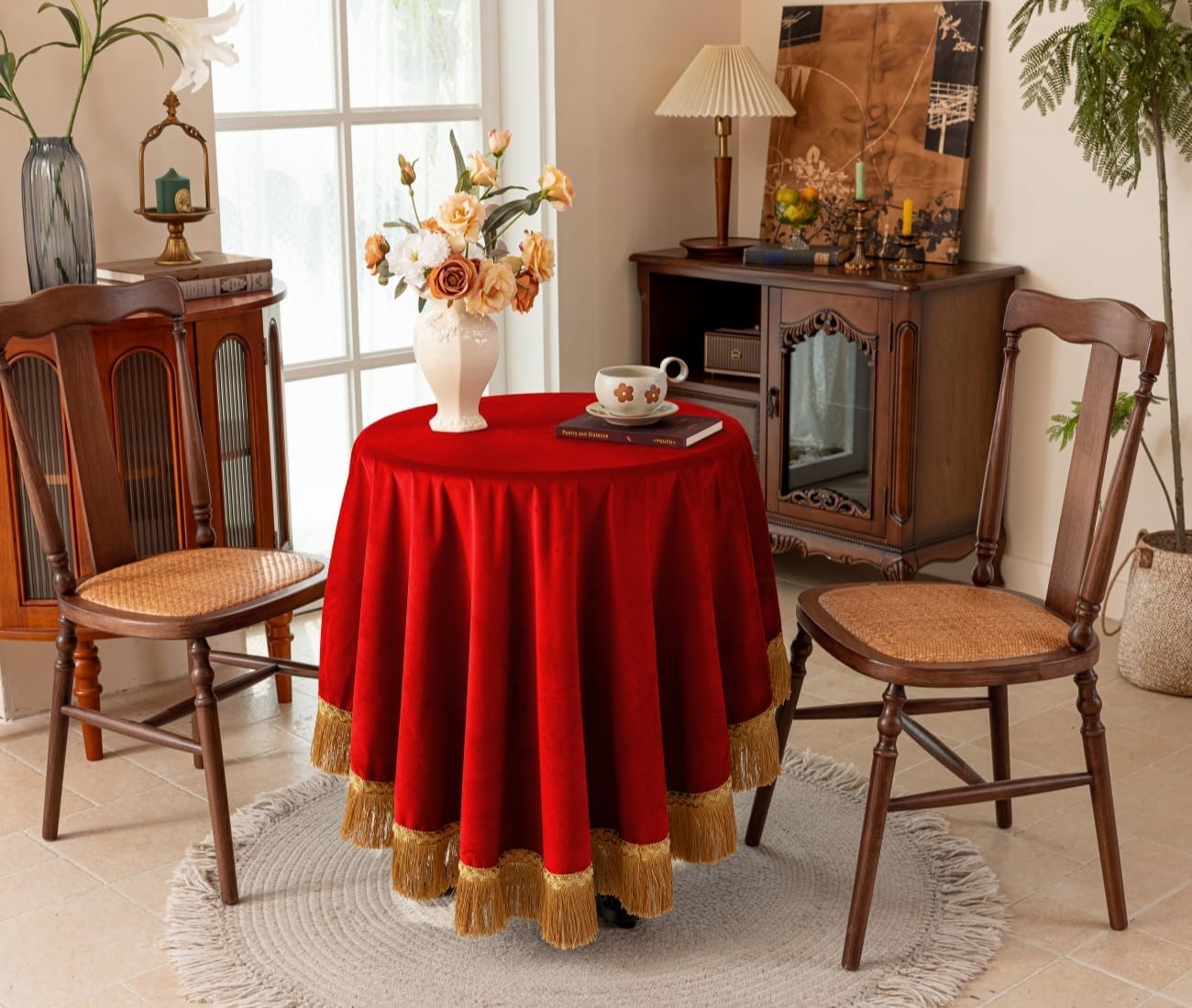 F-CHU Red Tablecloth Thickset Velvet Tablecloth with Beautiful Gold Tassels Vintage Table Cloth for Home Decor Wedding, Party, Banquet and Events 70" Round