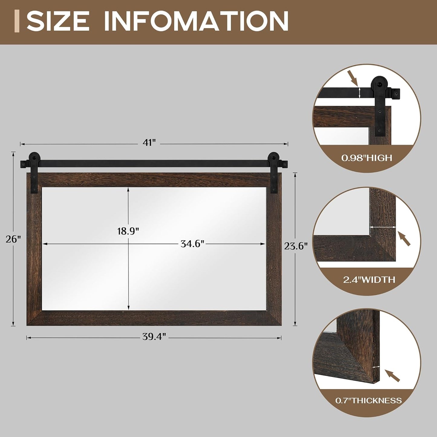 COGOOD Farmhouse Barn Door Mirror - 41 x 26 Rustic Wood Framed Wall Mirror for Bathroom, Living Room, Entryway Wall Decor (Black Brown)