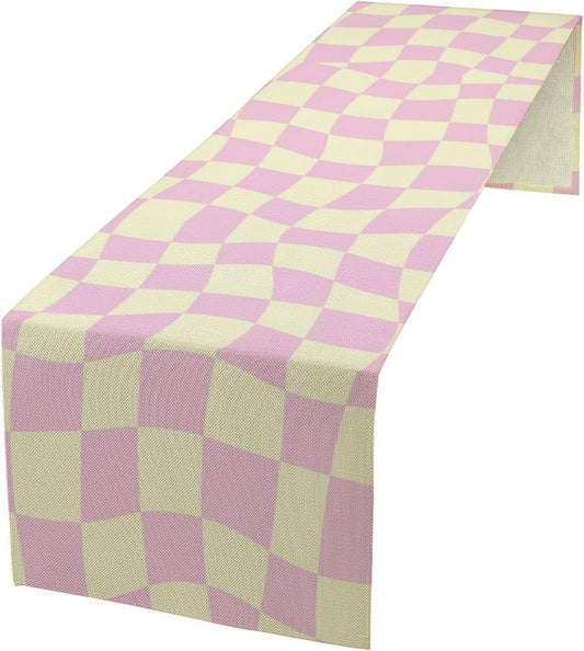 Hippie Table Runner Retro Geometric Square Purple Grid 60s70s Style Kitchen Restaurant Decoration for Indoor and Outdoor Wedding Party Table Runner 13x90 Inch