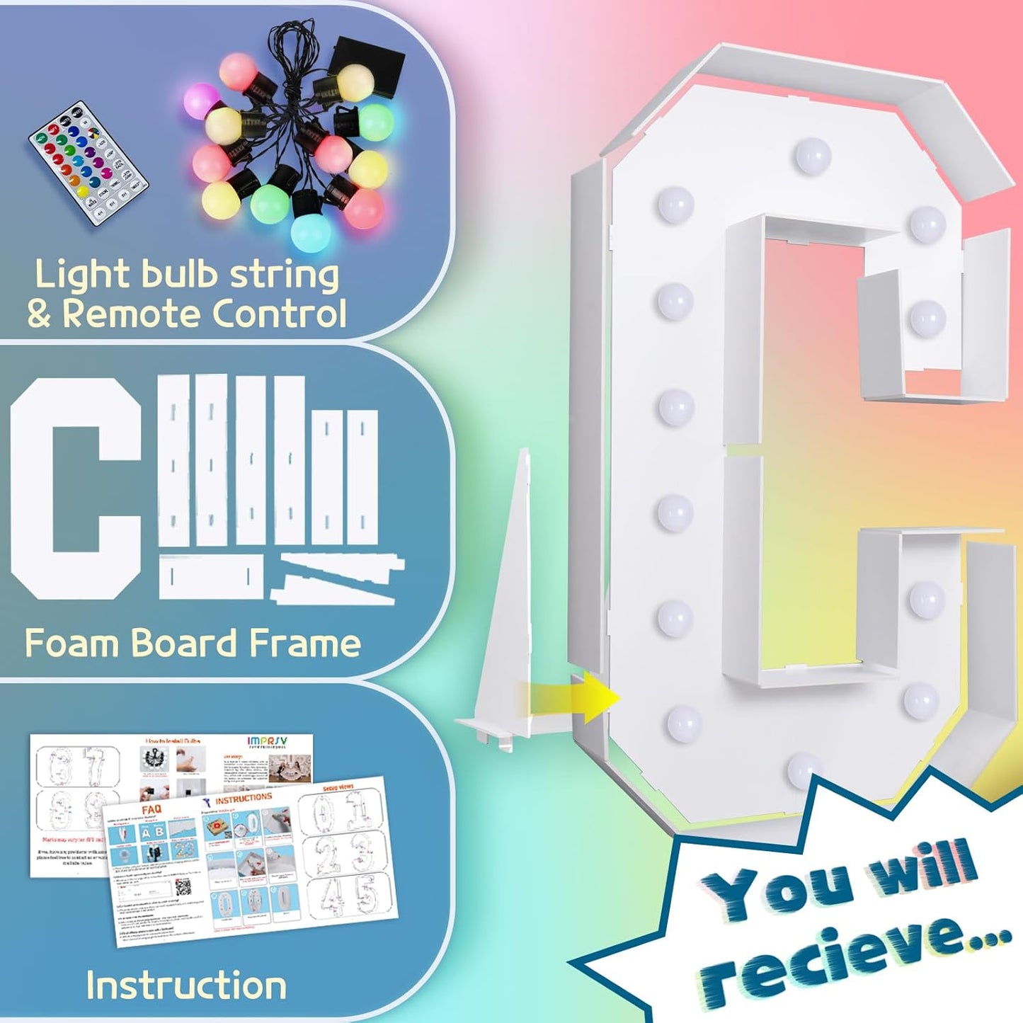 imprsv 4FT Colorful Marquee Light Up Letters C, 18 Colors Large Light up Letters Alphabet Sign with Remote, Large Marry Me Sign, Birthday Party Decorations Baby Shower Anniversary Wedding Decoration