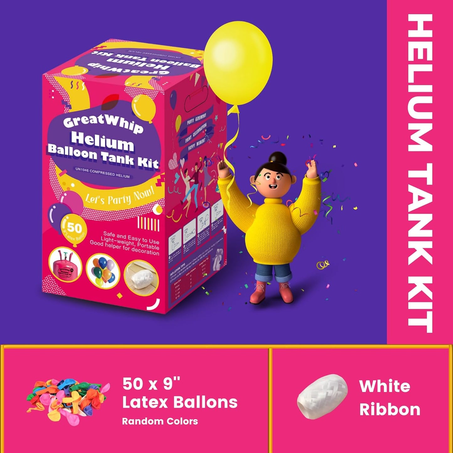 GreatWhip 13L Helium Tank Up To 50 Latex Balloons, Helium Tank For Balloons At Home, 50 Latex Balloons And Ribbons Included.