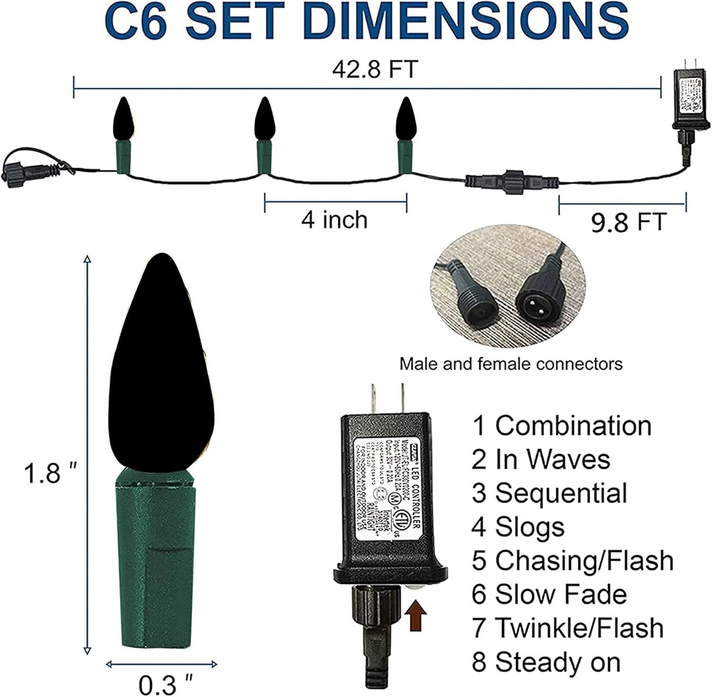 Dazzle Bright 100 LED C6 33 FT Waterproof Connectable Green Wire Fairy Lights, 8 Modes Christmas String Lights for Indoor Outdoor Home Garden Yard Xmas Tree Decorations (Blue)