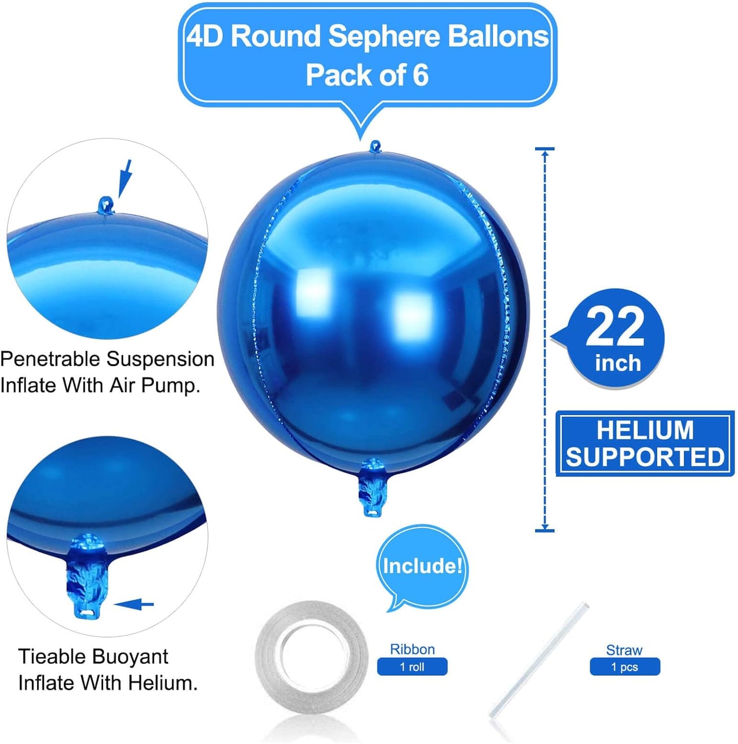 LHOAVWE 6 Pack Blue 22 Inch 4D Big Round Foil Balloons for Wedding, Birthday, Bridal Shower, Baby Shower Decorations