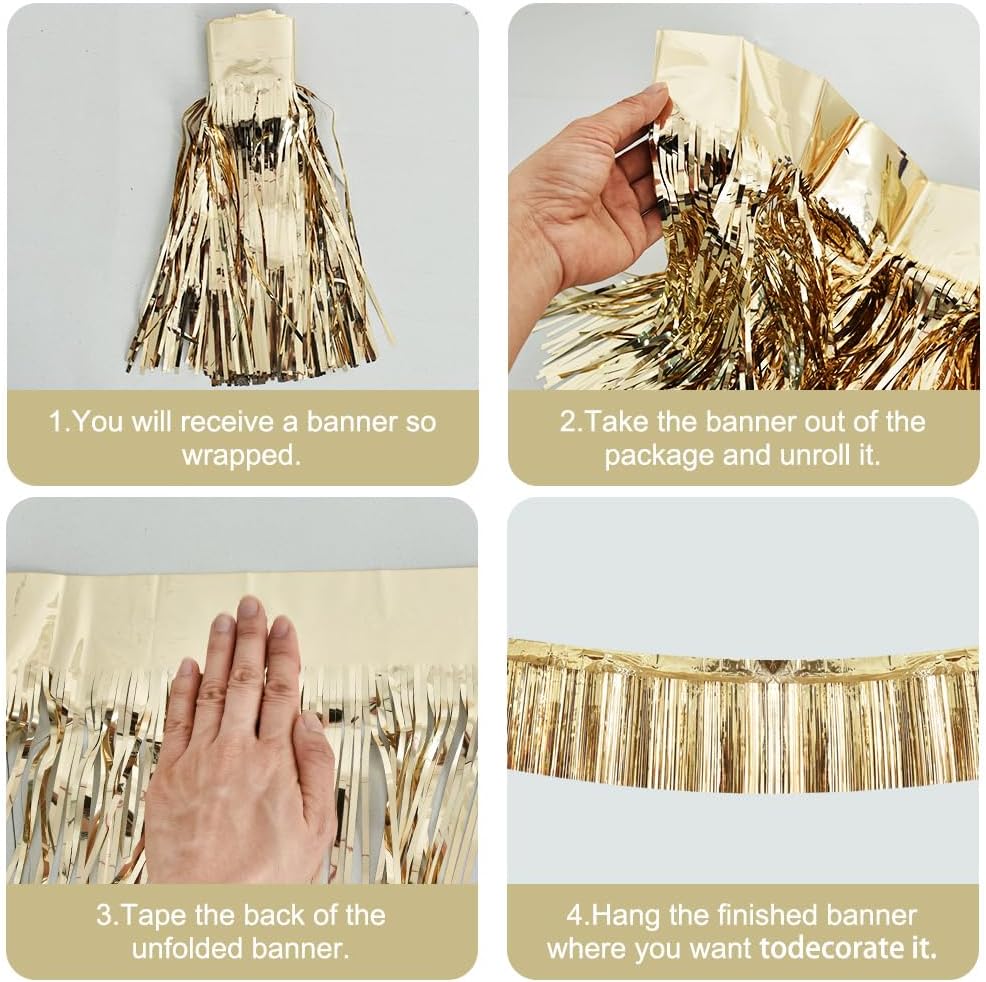 BEISHIDA 3 Packs Metallic Foil Fringe Garland Champagne Wall Hanging Tinsel Fringe Banners for Car Floats Halloween Bridal Shower Wedding Birthday Easter Graduation Holiday Party Decoration(30Ft)