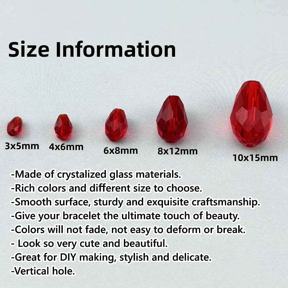 100pcs 8x12mm Teardrop Crystal Glass Beads for Jewelry Making, Faceted Vertical Hole Teardrop Glass Spacer Beads for Wind Chimes Bracelet Earring Necklace DIY Craft(Red)