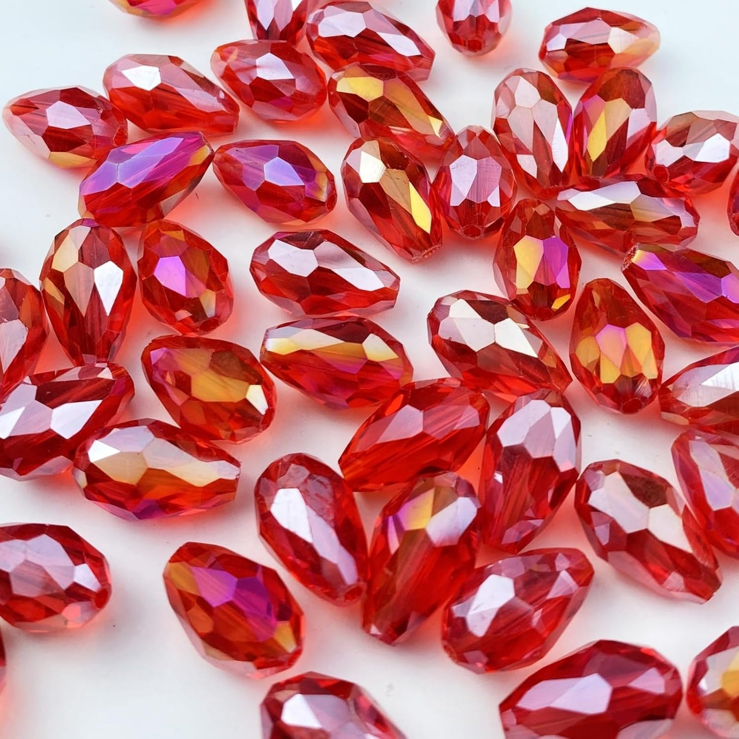 50pcs 10x15mm Teardrop Crystal Glass Beads Vertical Hole Faceted Glass Teardrop Spacer Beads for Bracelets Necklace Earring DIY Jewelry Making Craft(Red AB)