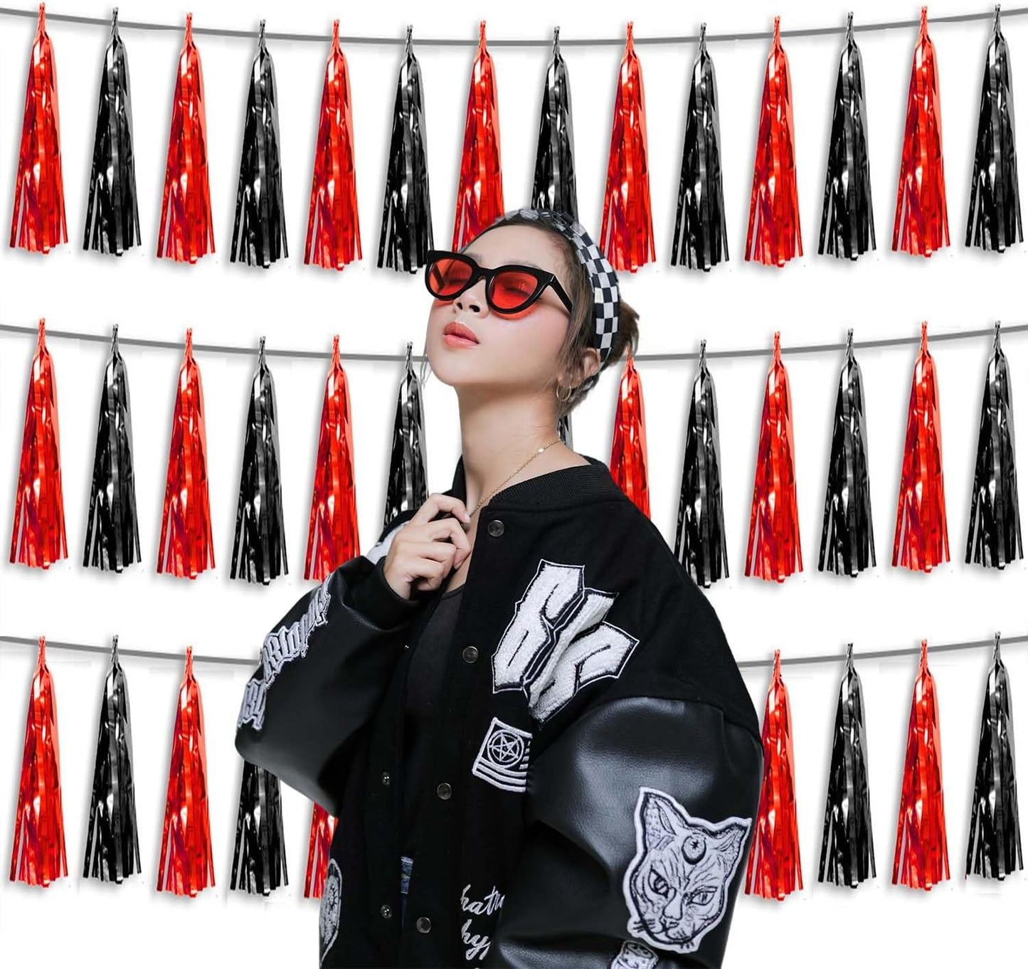 3P Metallic Fringe Tassel Banner Garland Foil Tinsel Streamer Wall Hanging Curtain Backdrop Banner for Parade Floats, Halloween Decorations, Christmas Day Party Decoration(Black red)