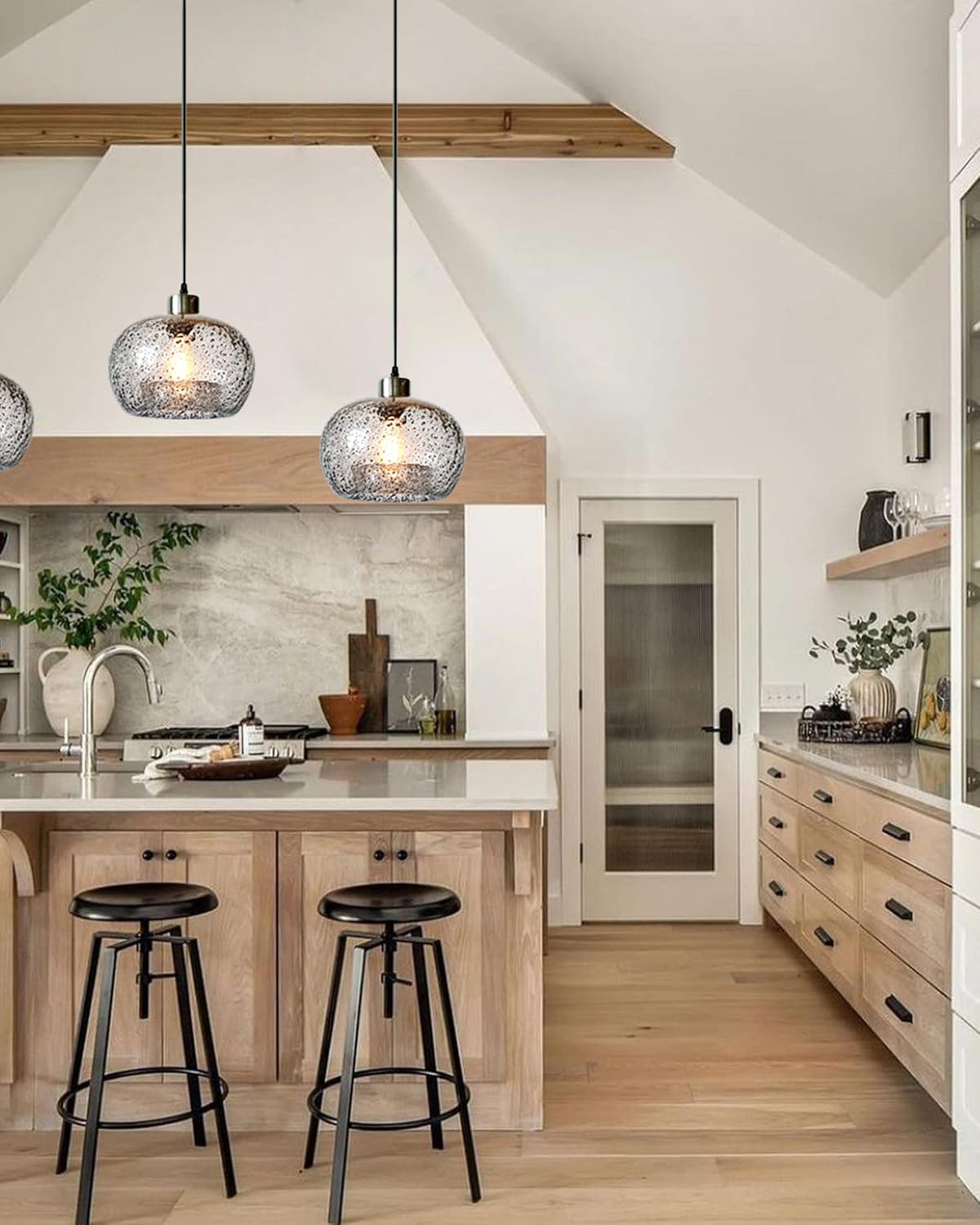 CASAMOTION Pendant Lights Kitchen Island,Clear Seeded Glass with Black Sand Powder,Modern Farmhouse Ceiling Hanging Lighting Fixtures,Dining Room Table Bedroom Oval Globe 8.7 Inch Diam 2 Pack